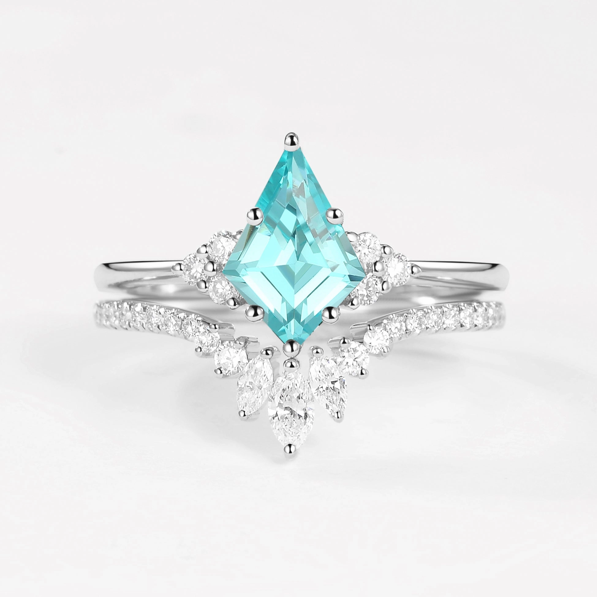 Luxury Contour Silky texture Sun & Glass Sea - Unique Lab Grown Paraiba Engagement Ring Set 2pcs - Lydia