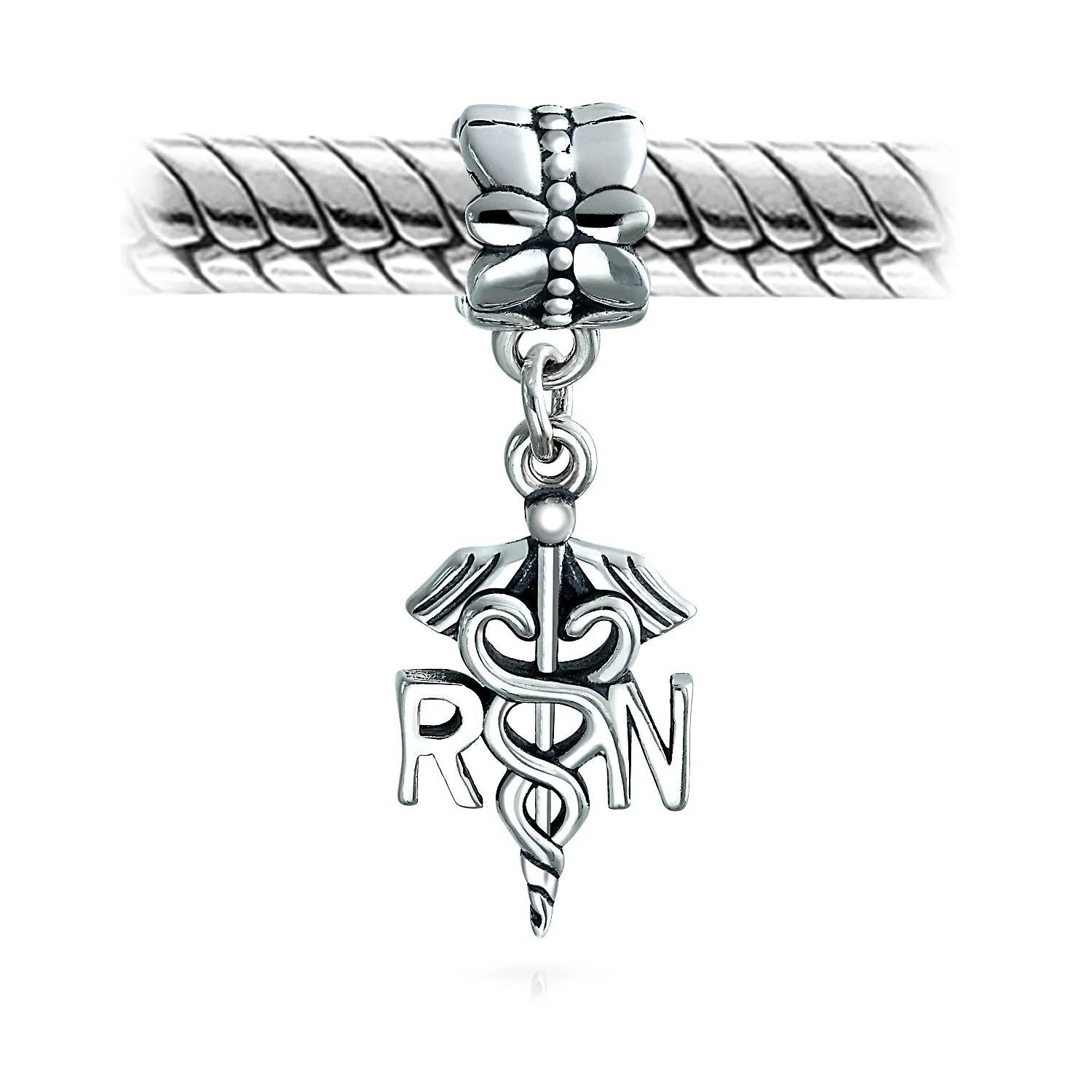 RN Nurse Hat Caduceus Dangle Charm Bead Sterling Silver for European Bracelet