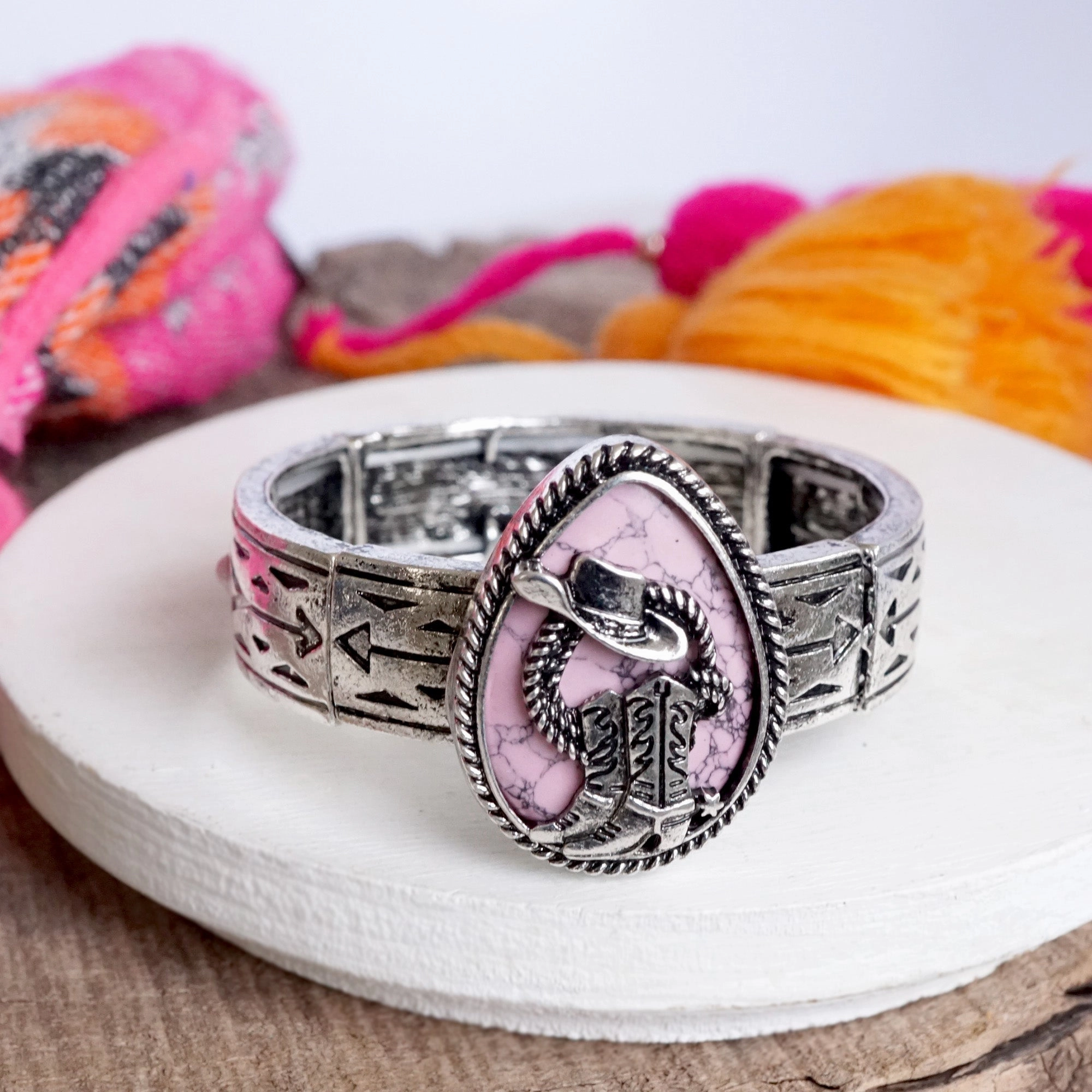 Multicultural Variety Style Development Rodeo Reverie ?C Western Cowboy Boots & Hat Statement Bangle in Silver with Turquoise or Pink