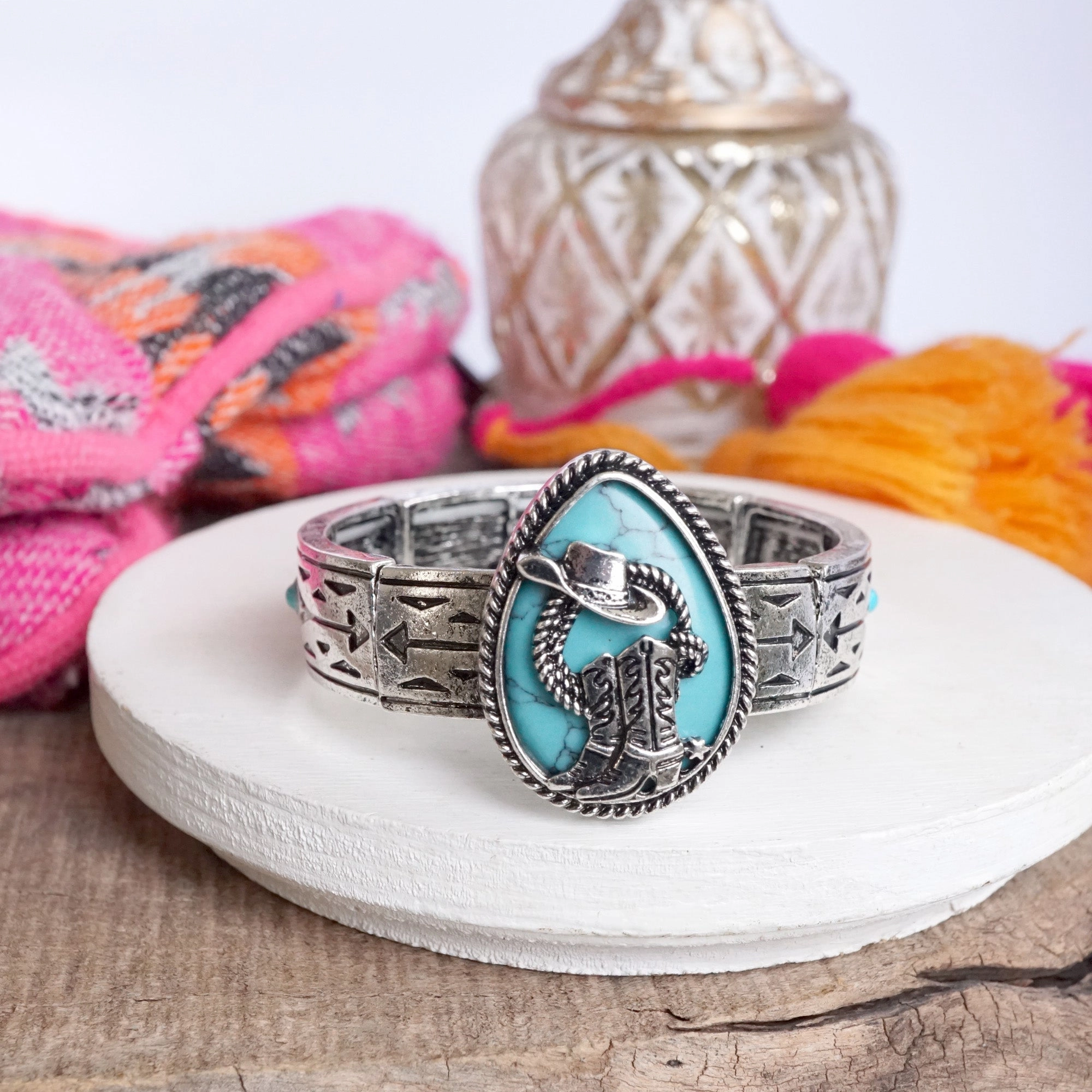 Rodeo Reverie ?C Western Cowboy Boots & Hat Statement Bangle in Silver with Turquoise or Pink Faithful Accent