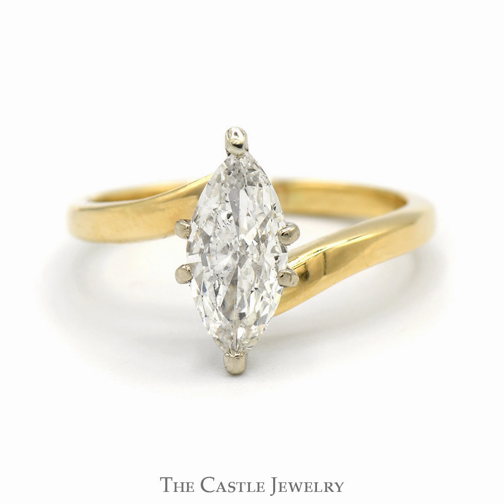 Beautiful Item .85ct Marquise Shaped Diamond Solitaire Engagement Ring in 14k Yellow Gold Bypass Setting