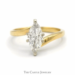 Charming Gift Fashionable Craft .85ct Marquise Shaped Diamond Solitaire Engagement Ring in 14k Yellow Gold Bypass Setting