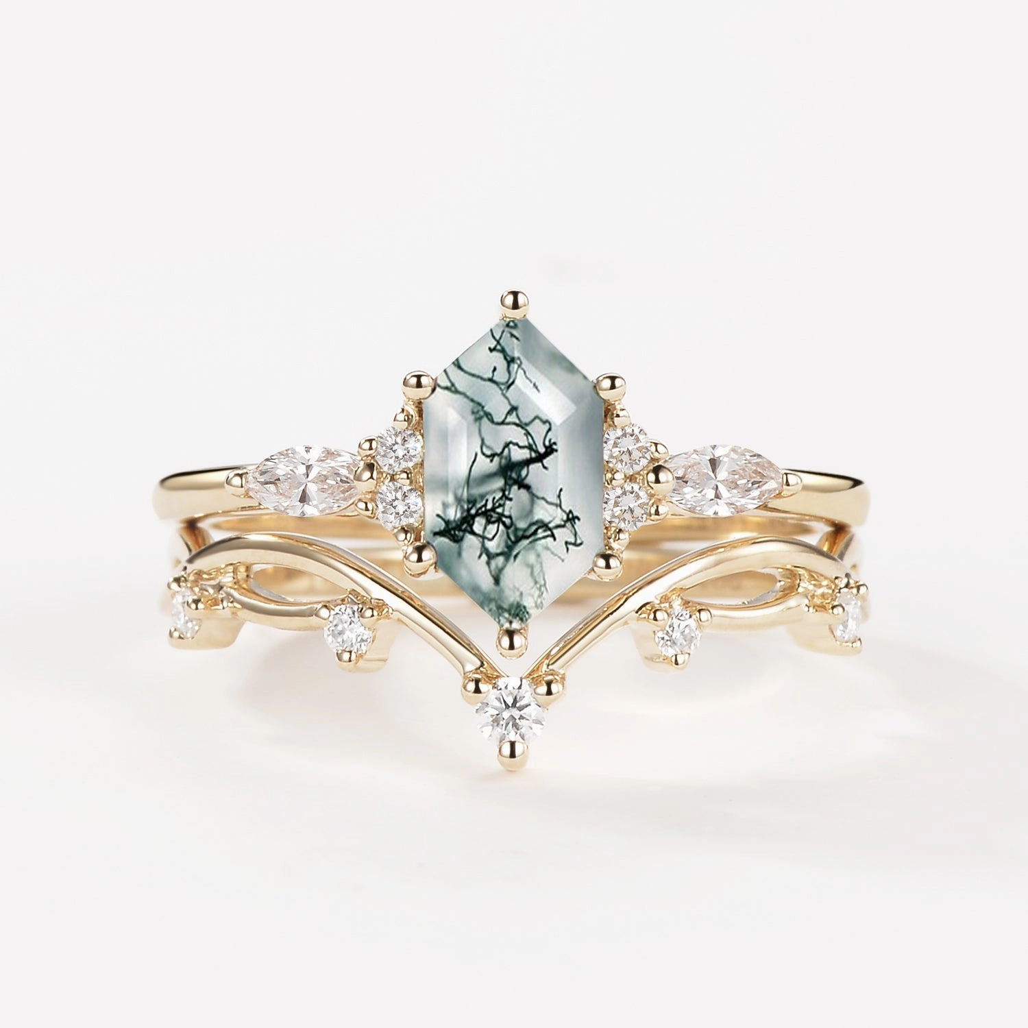 Elongated Hexagon Moss Agate Twig Engagement Ring Set 2pcs - Ona Luxury piece Charming Gifts