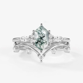 Elongated Hexagon Moss Agate Twig Engagement Ring Set 2pcs - Ona Studio Shot Shimmer Effect