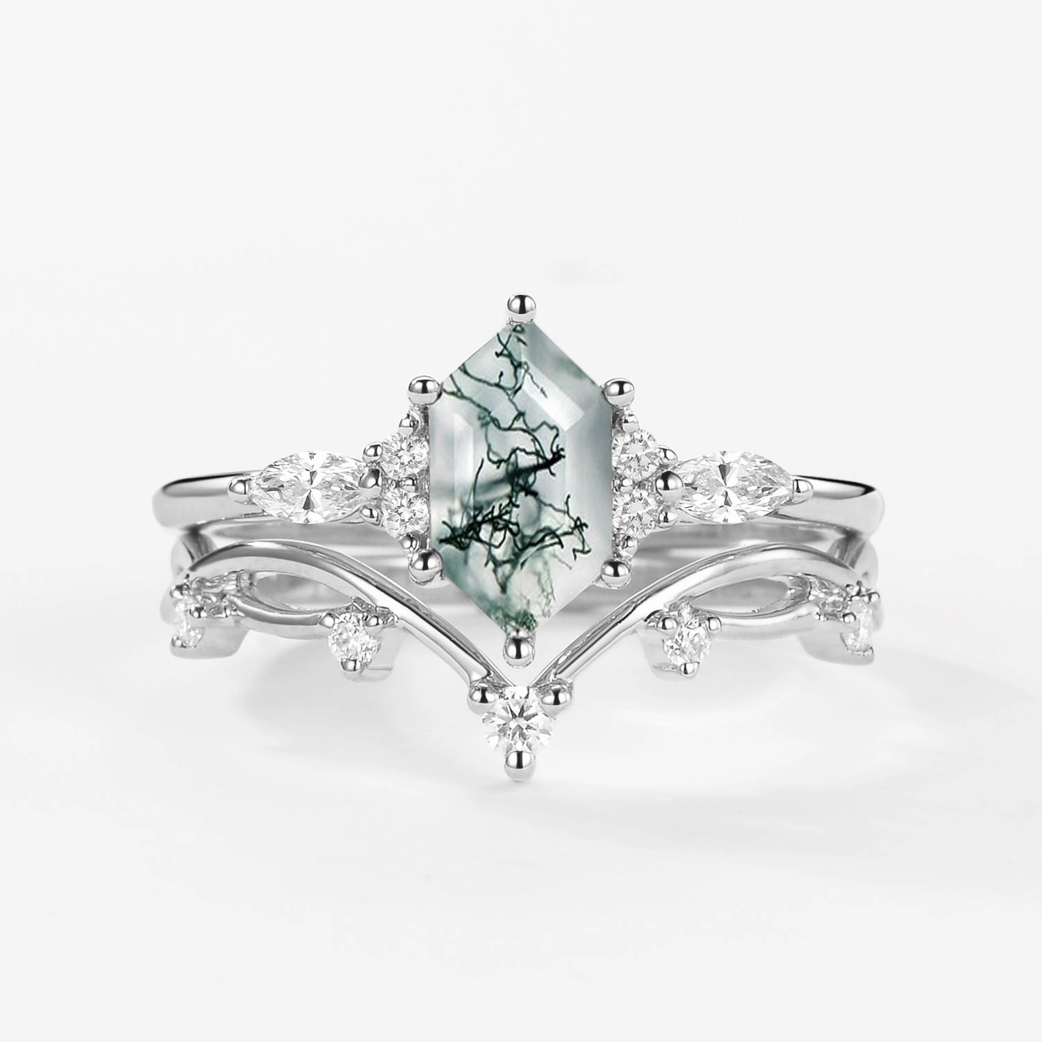 Elongated Hexagon Moss Agate Twig Engagement Ring Set 2pcs - Ona Studio Shot Shimmer Effect