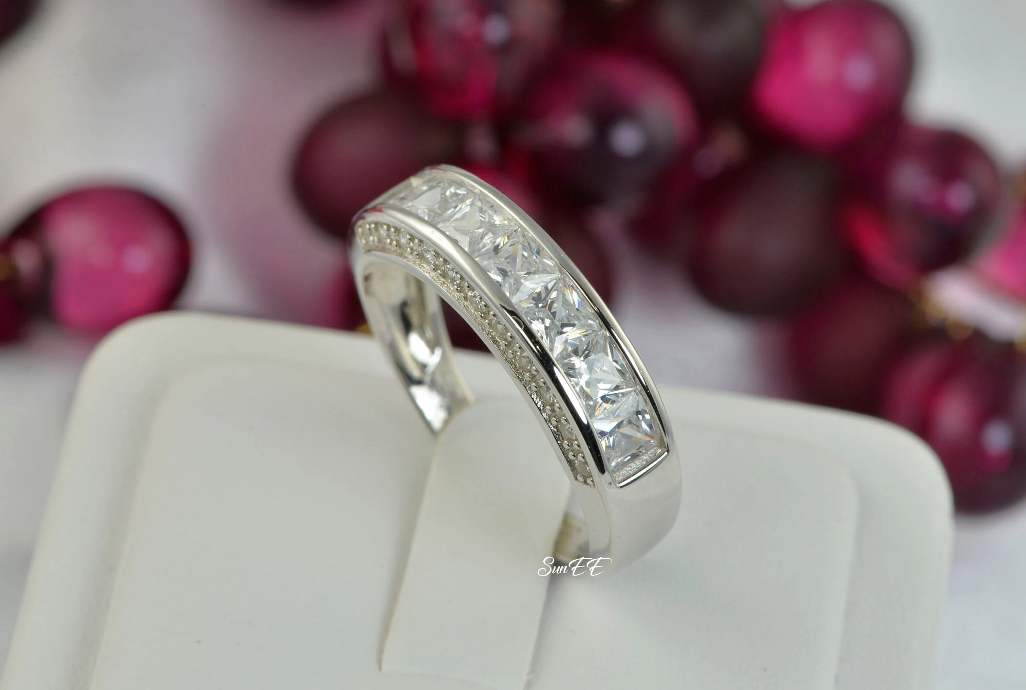 Textured Feel Men??s Wedding Band with Side Stones Diamond Simulated 925 Sterling Silver Anniversary Ring SKU:00155
