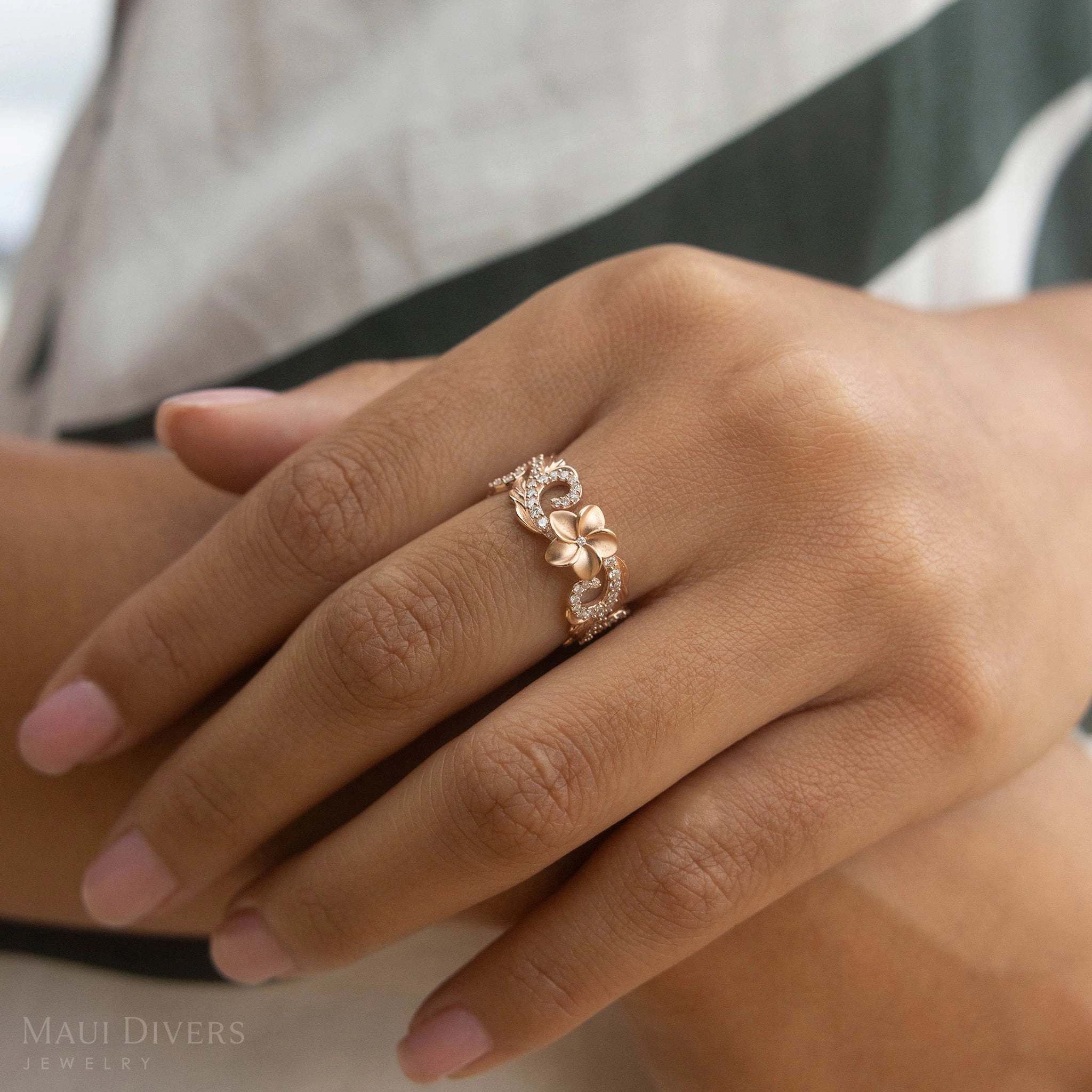 Statement Ready Balanced Highlight Hawaiian Heirloom Plumeria Ring in Rose Gold with Diamonds - 8mm