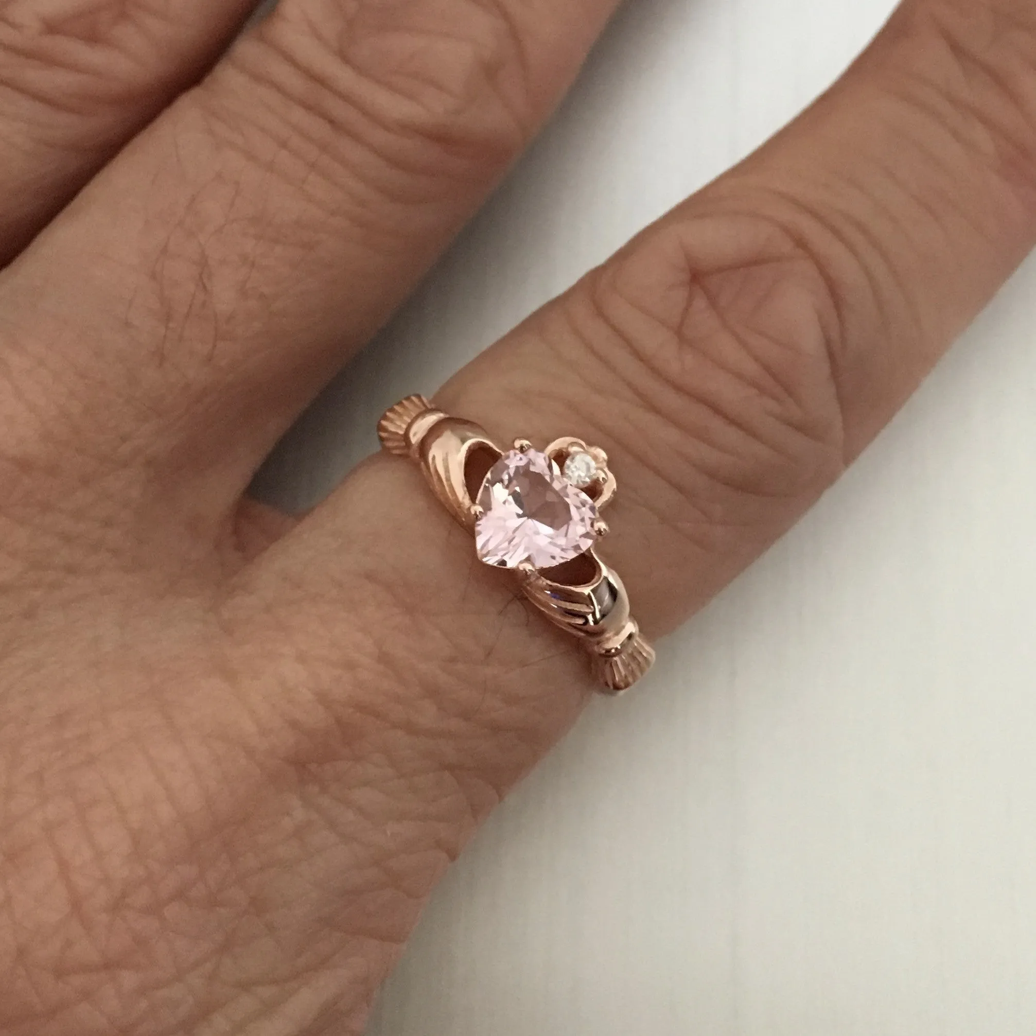 Rose Gold Plated Sterling Silver Claddagh Ring with Simulated Pink Morganite CZ, Claddagh Ring