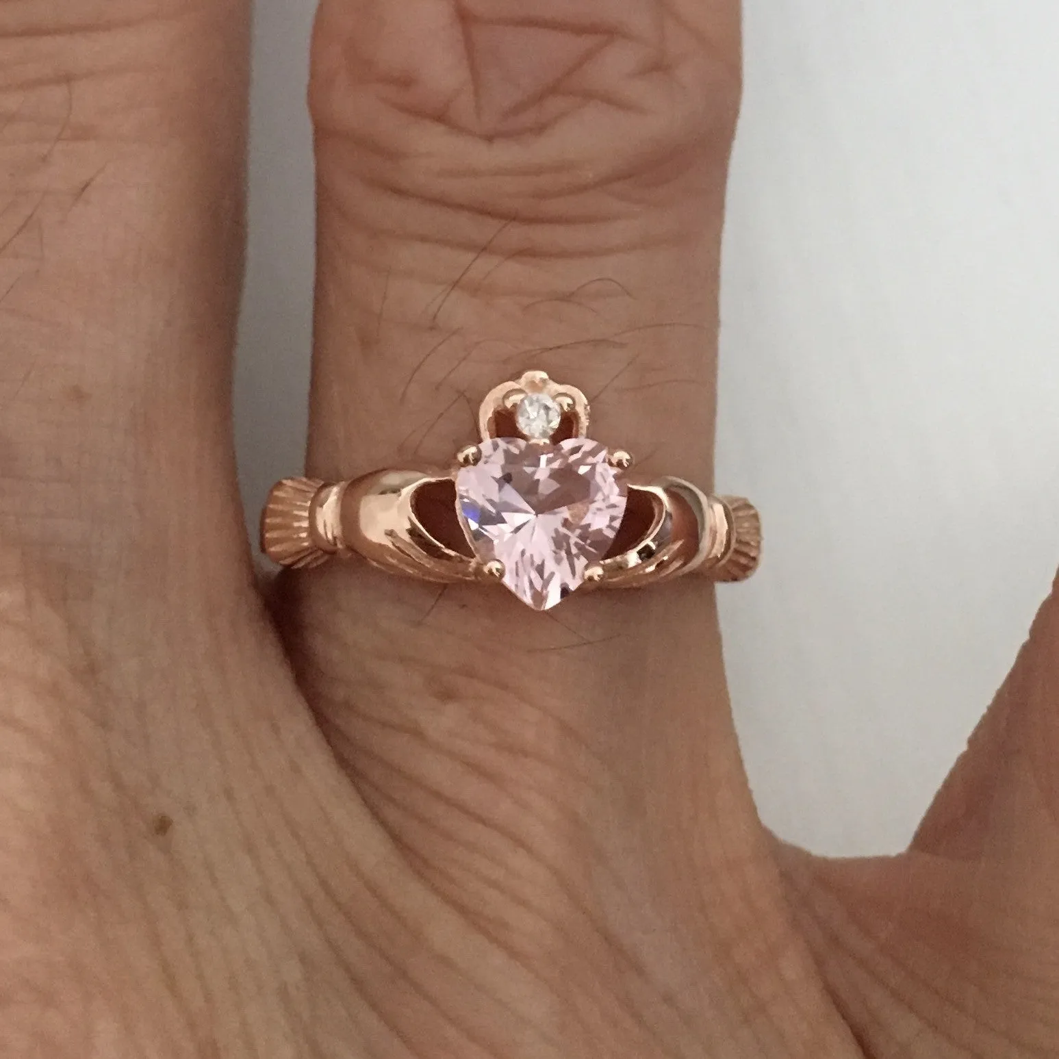 Rose Gold Plated Sterling Silver Claddagh Ring with Simulated Pink Morganite CZ, Claddagh Ring