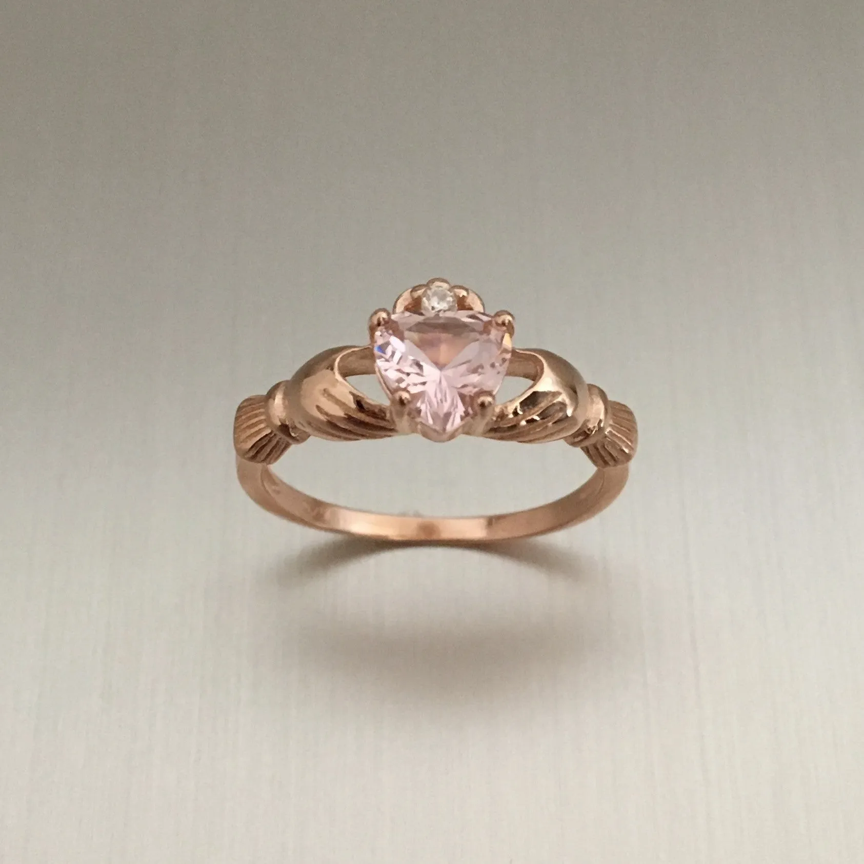 Rose Gold Plated Sterling Silver Claddagh Ring with Simulated Pink Morganite CZ, Claddagh Ring