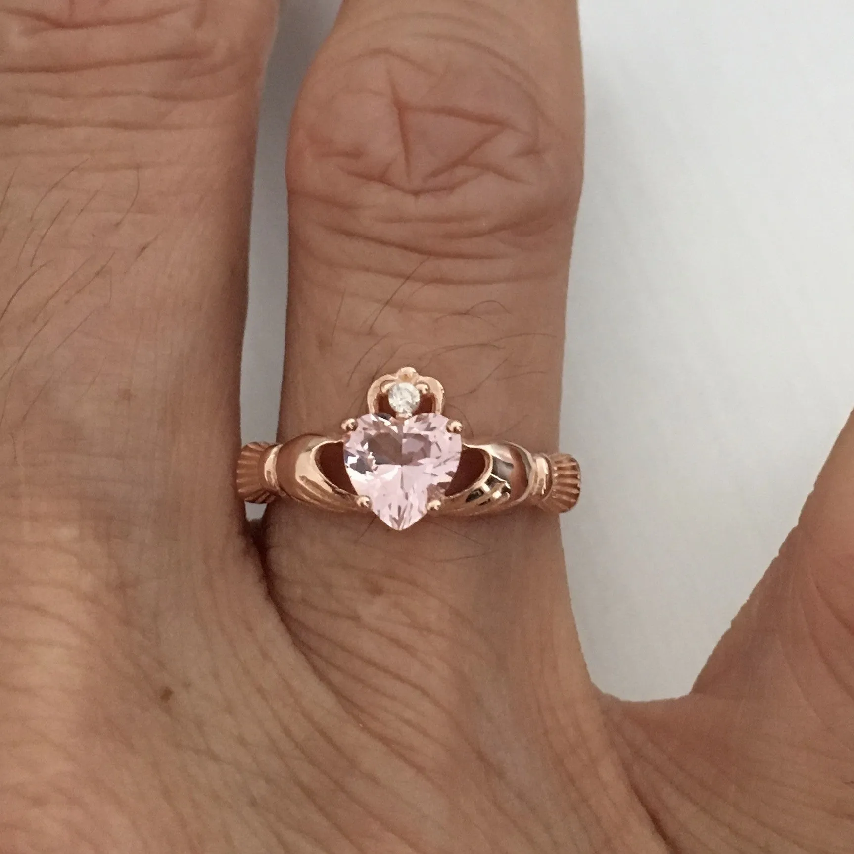 Rose Gold Plated Sterling Silver Claddagh Ring with Simulated Pink Morganite CZ, Claddagh Ring