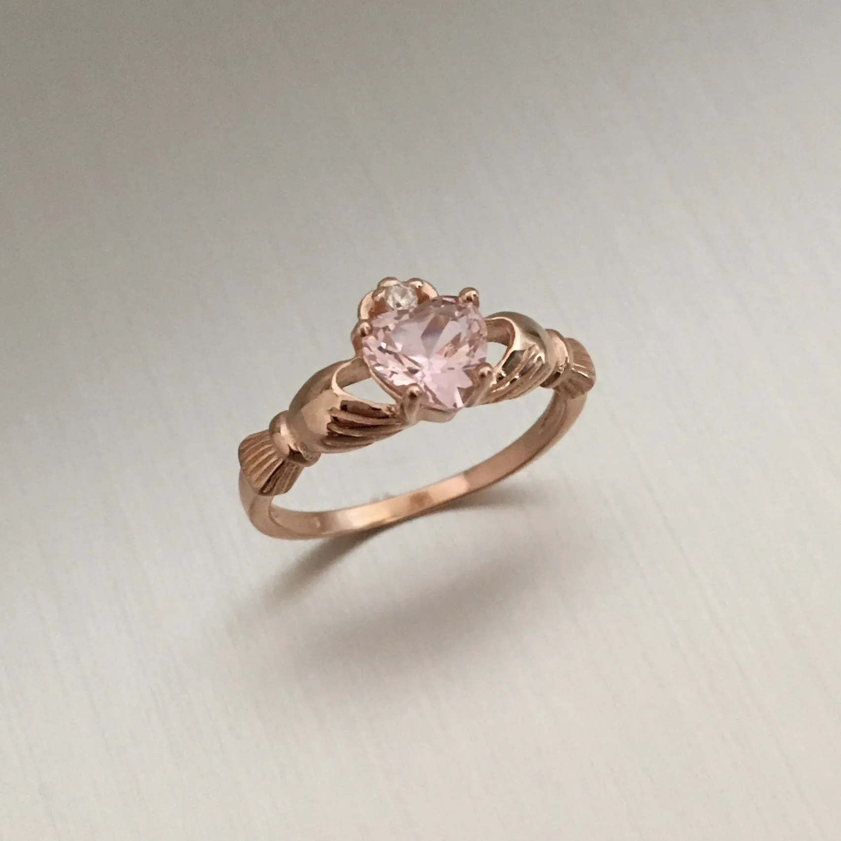 Rose Gold Plated Sterling Silver Claddagh Ring with Simulated Pink Morganite CZ, Claddagh Ring