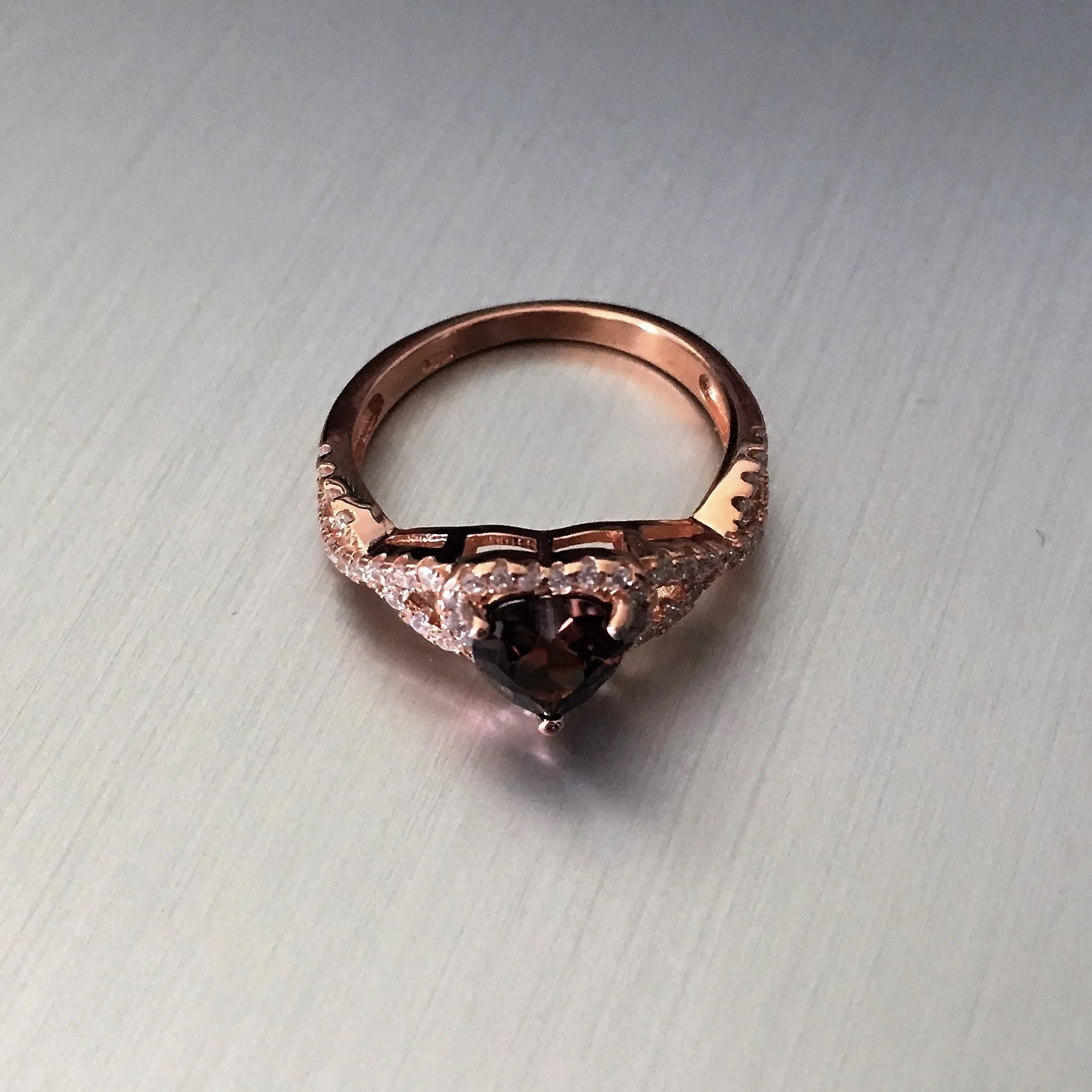 Rose Gold Plated Sterling Silver Coffee Colored CZ Heart Ring, CZ Ring, Love Ring, Promise Ring