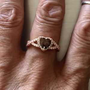 Rose Gold Plated Sterling Silver Coffee Colored CZ Heart Ring, CZ Ring, Love Ring, Promise Ring