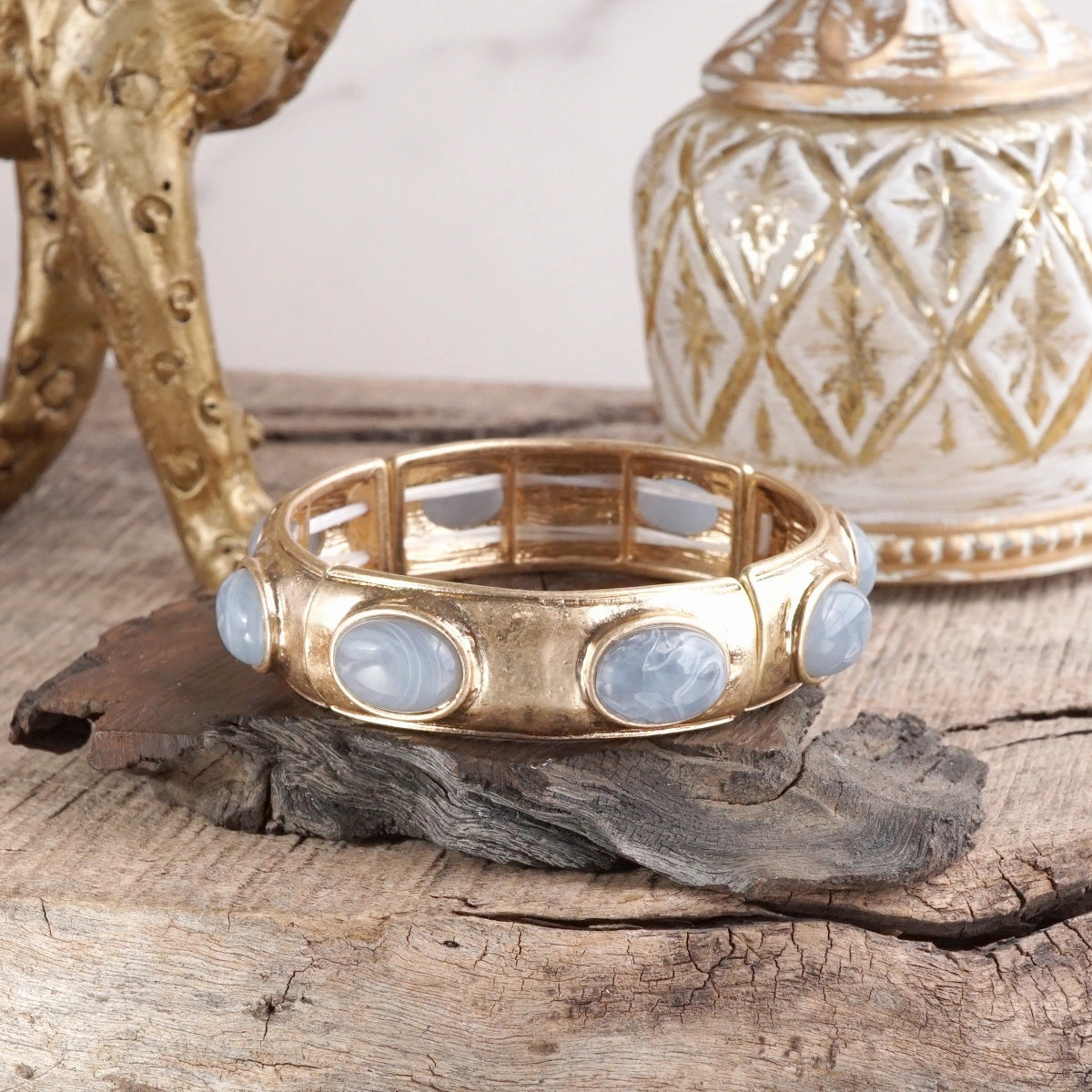 Sunlit Horizon ?C Wide Golden Bangle with Oval Cabochons Subtle Sparkle