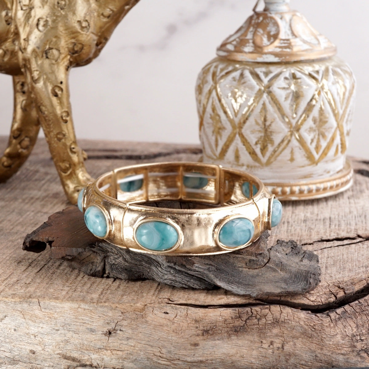 Dynamic Design Wristwear Sunlit Horizon ?C Wide Golden Bangle with Oval Cabochons
