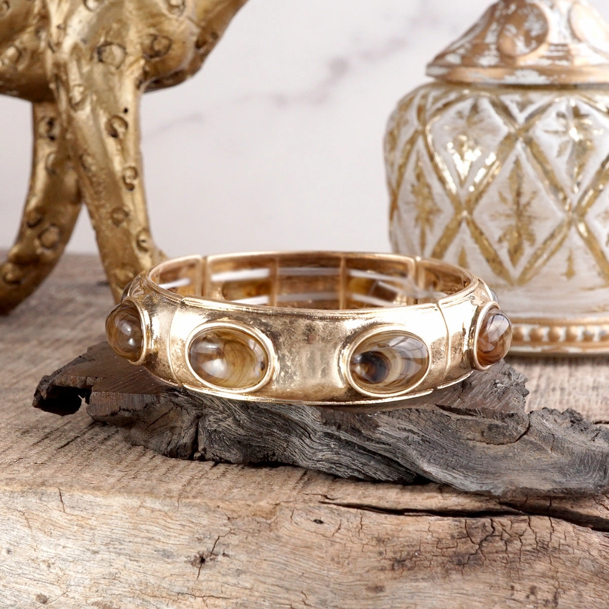 Divine Amalgamations Phase-To-Phase Sunlit Horizon ?C Wide Golden Bangle with Oval Cabochons