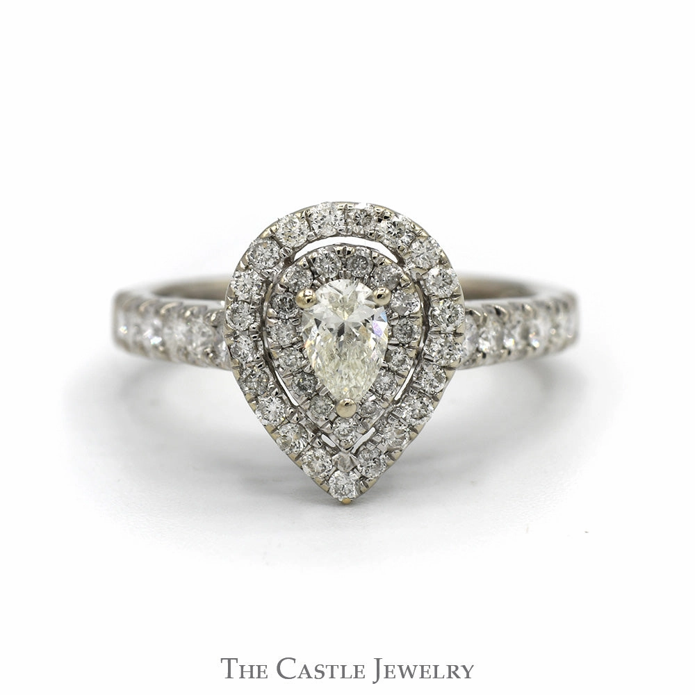 Timeless Motion Affordable Statement 1cttw Pear Cut Diamond Engagement Ring with Double Diamond Halo and Accented Sides in 14k White Gold