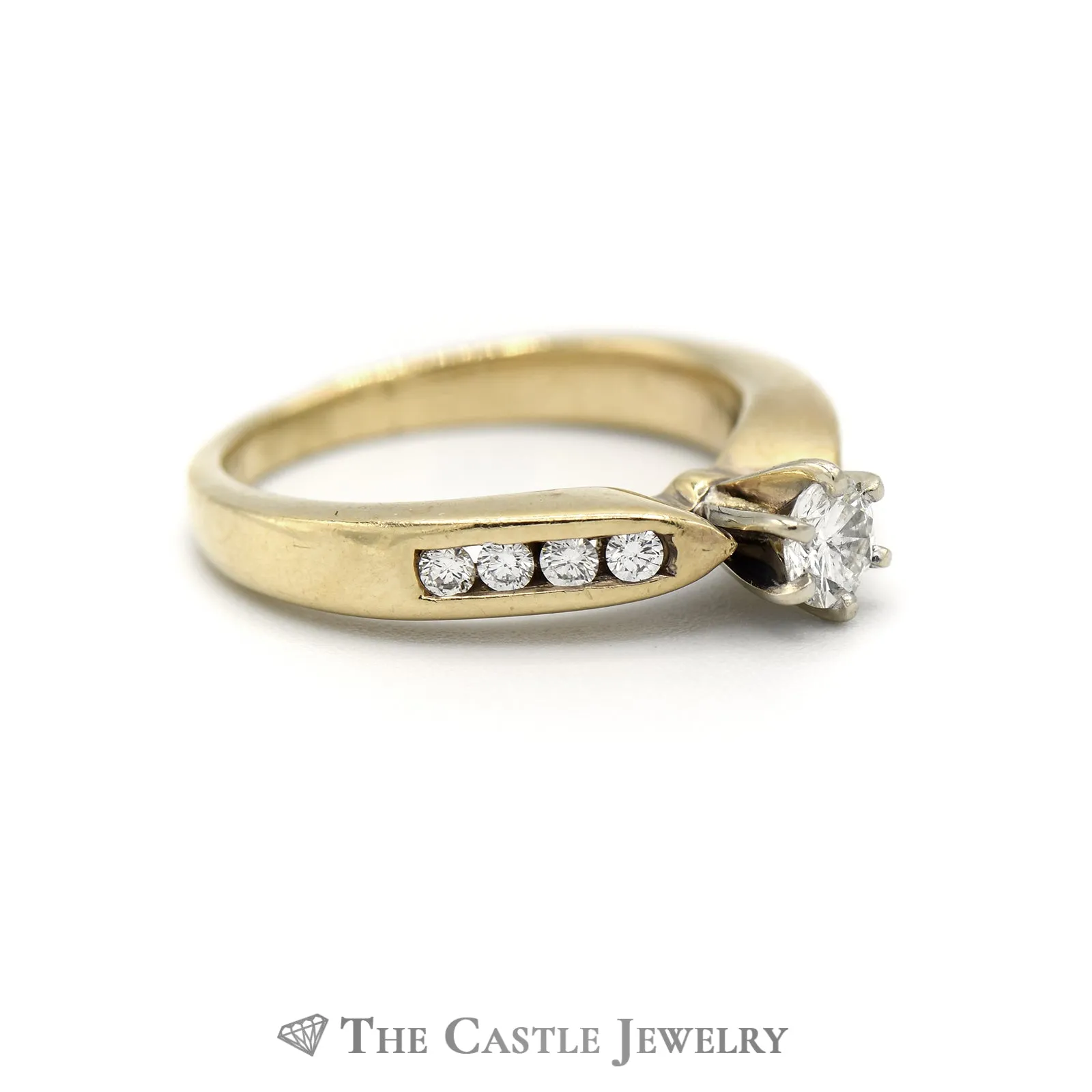 Round Brilliant Cut Diamond Engagement Ring with Channel Set Round Diamond Sides