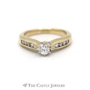 Round Brilliant Cut Diamond Engagement Ring with Channel Set Round Diamond Sides