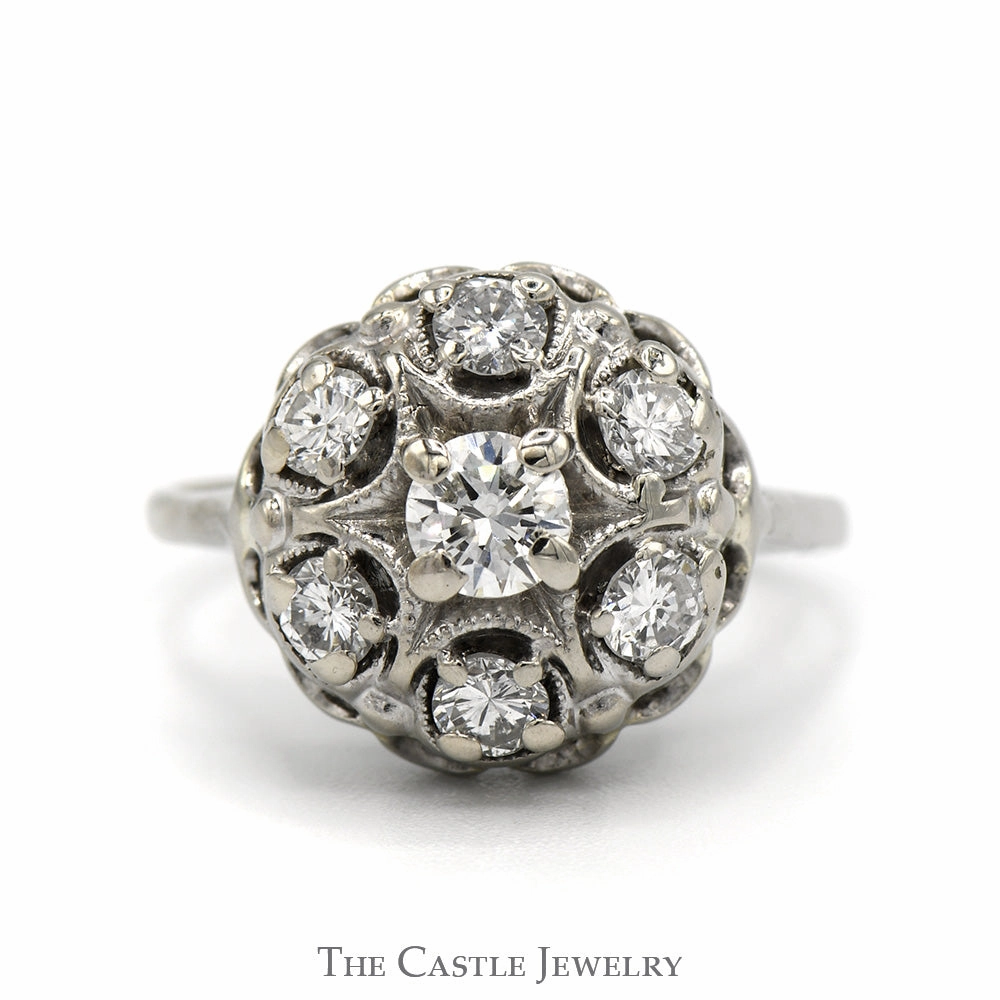 Round 1cttw 7 Diamond Cluster Ring in 14k White Gold Scalloped Mounting Elegant Product Handcrafted Article