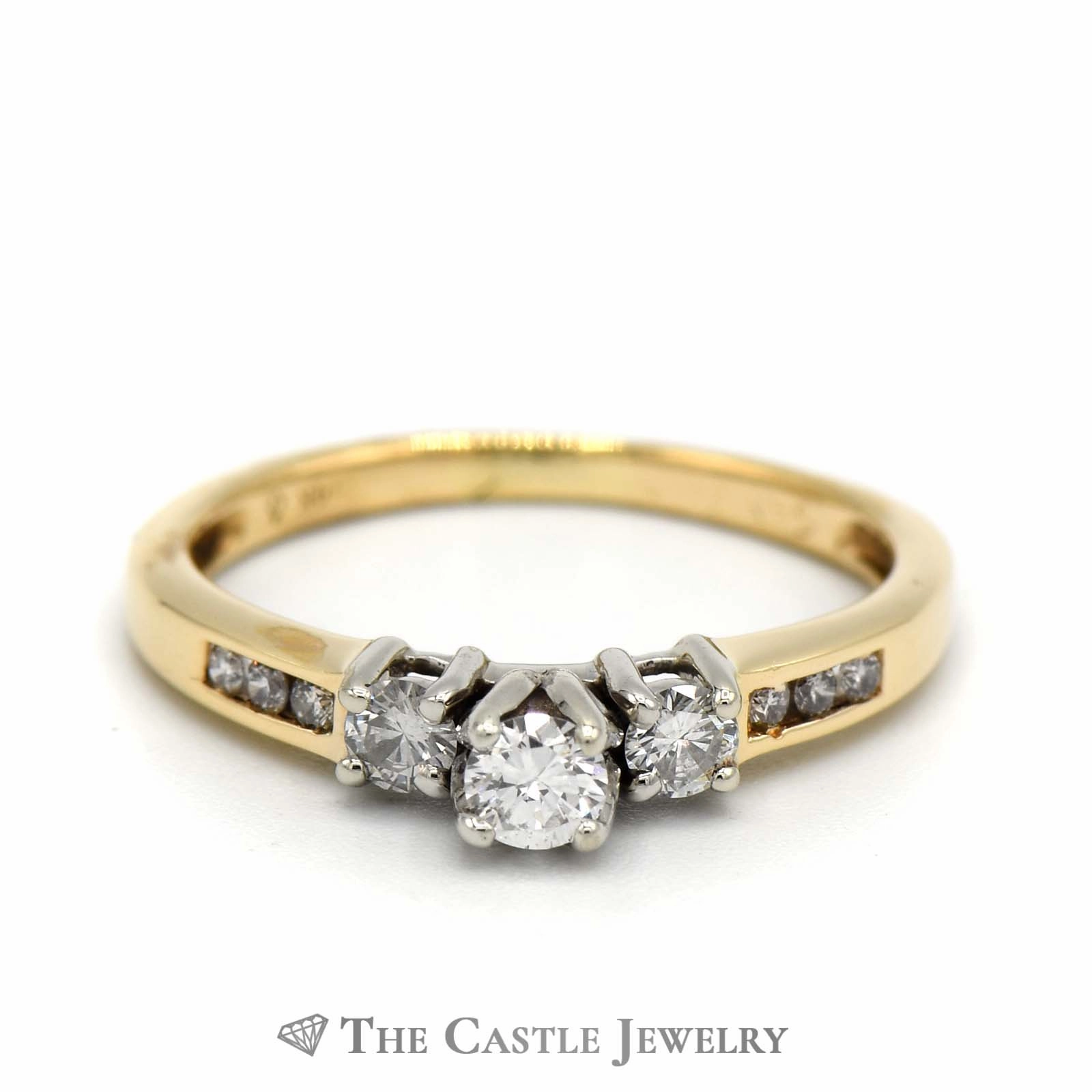 Lightweight Work Round Brilliant Cut Diamond Bridal Ring with Accented Sides in 14K Yellow Gold