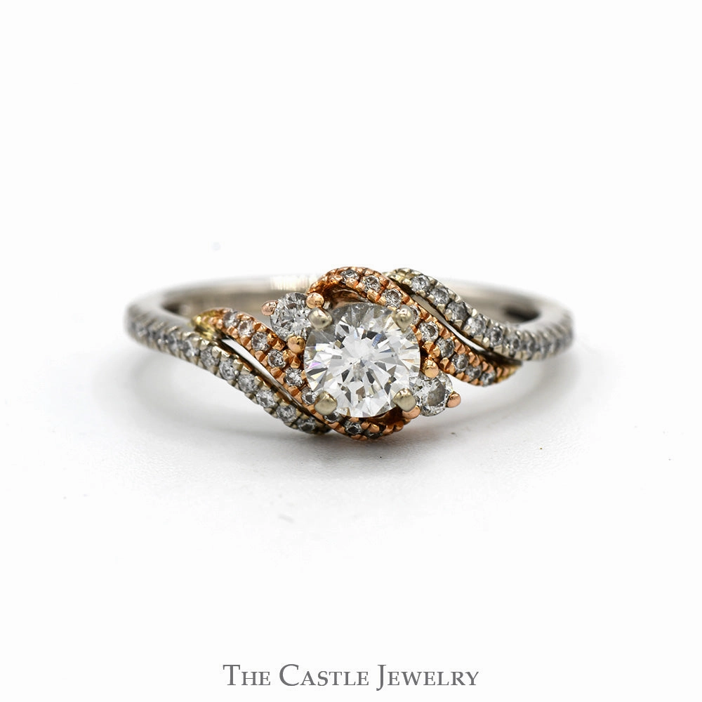 Round Brilliant Cut Diamond Solitaire Engagement Ring with Diamond Accented Sides in 14k Two Tone White & Rose Gold Bypass Mounting Exquisite Ornament