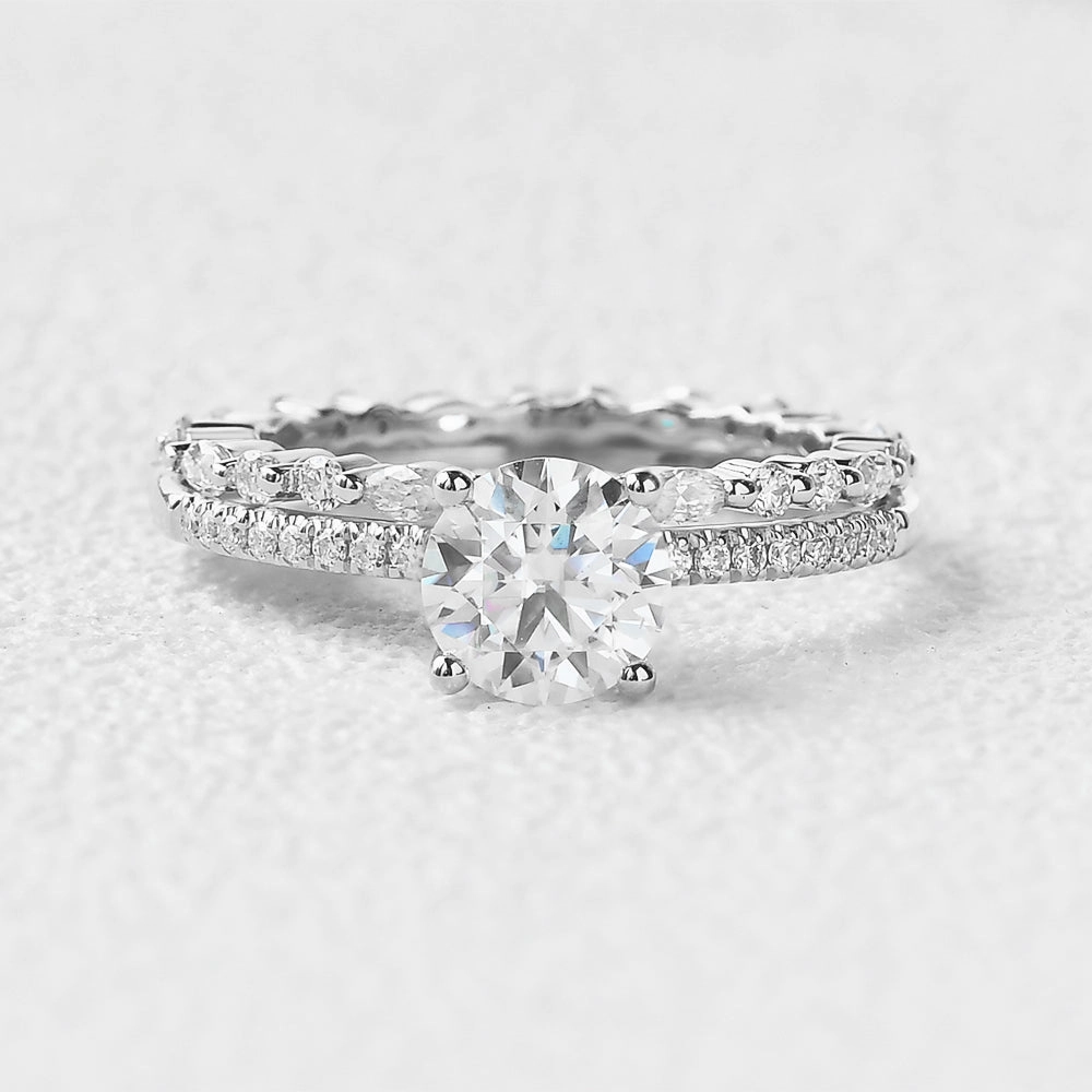 Round Cut 4 Prongs Moissanite Engagement Ring Set 2pcs Precious Finish