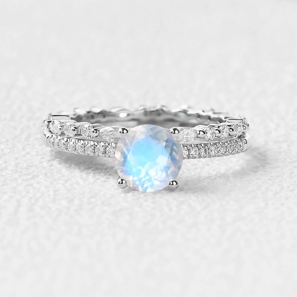 Round Cut 4 Prongs Moonstone Engagement Ring Set 2pcs Classic Piece