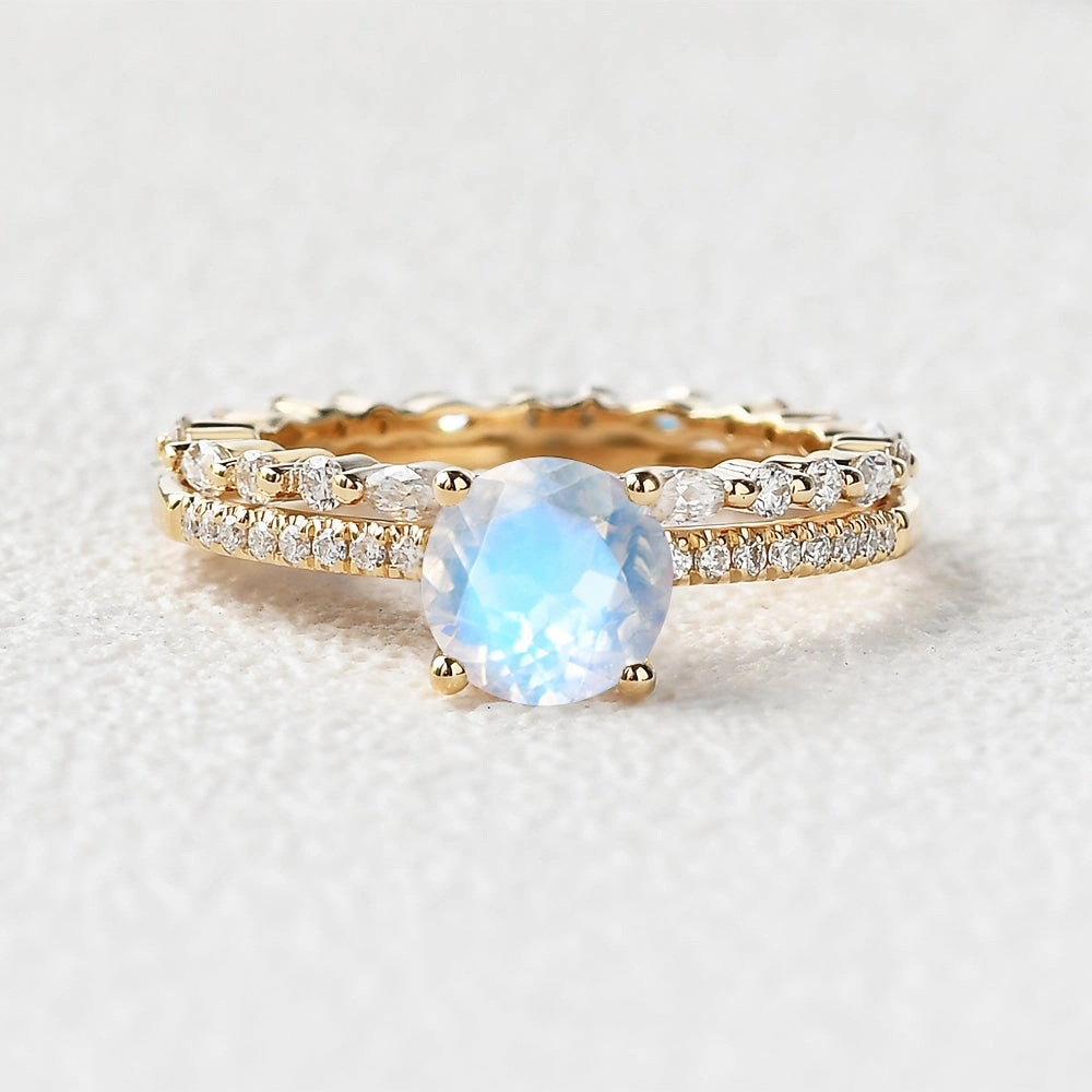 Round Cut 4 Prongs Moonstone Engagement Ring Set 2pcs high contrast