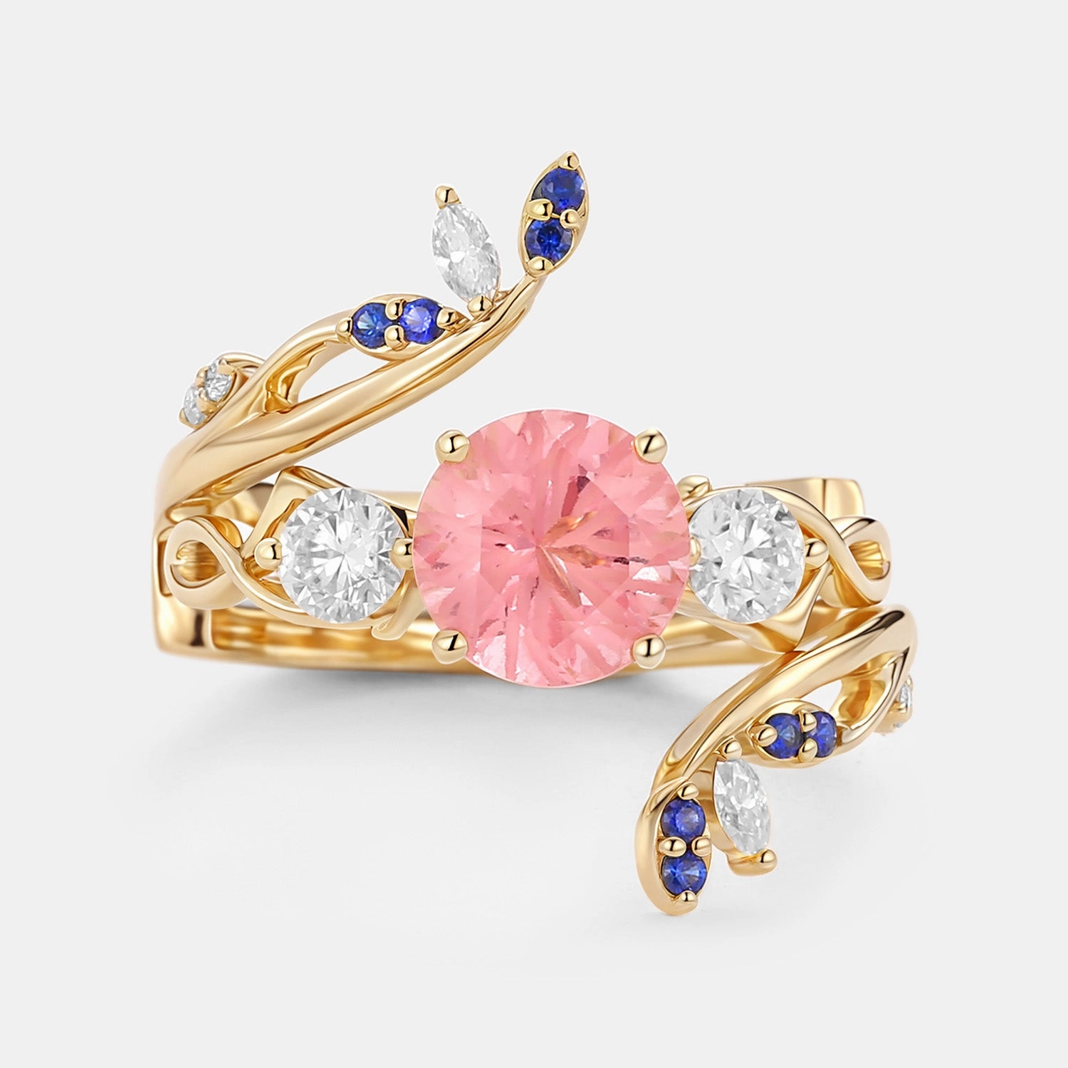 Round Cut Lab Sapphire Leafy Cage Engagement Ring Set 2pcs - Blush Romantic Edge Soft Features