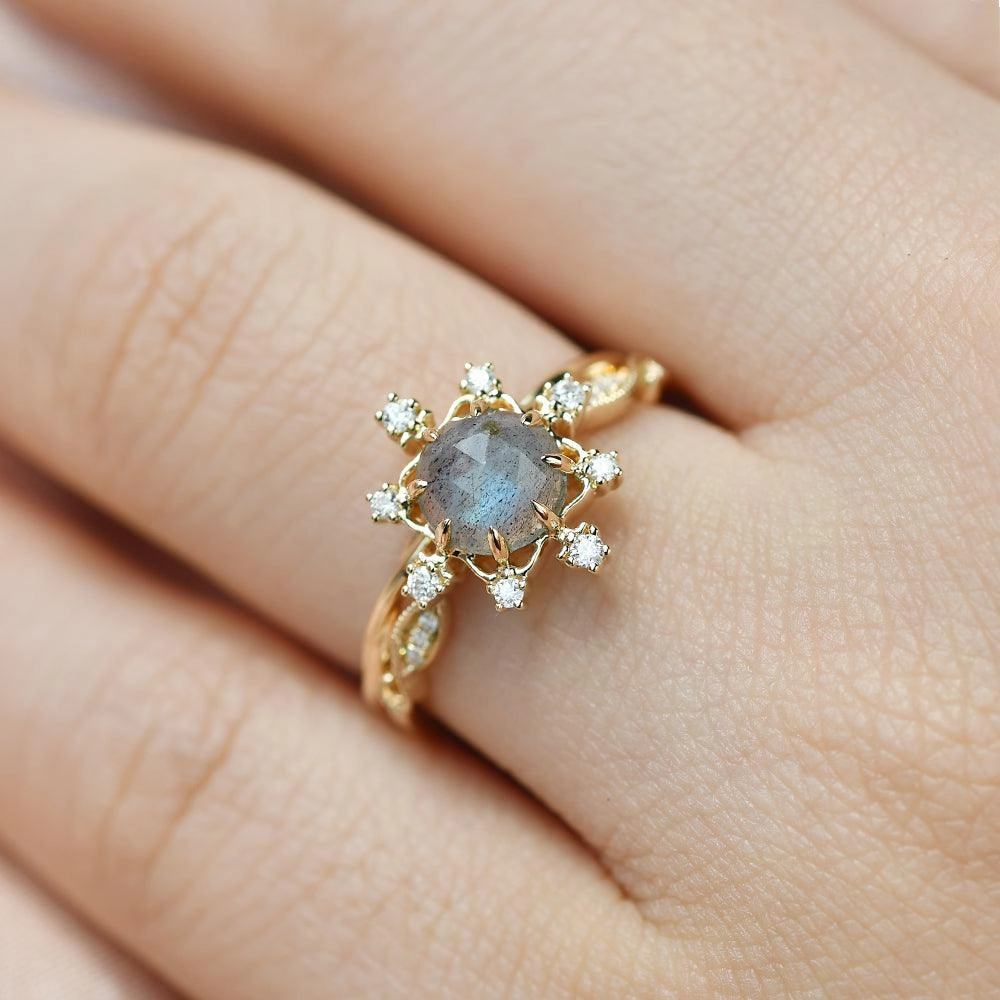 Round Cut Labradorite Vintage Inspired Ring Set 2pcs Modern Shine Glistening Detail