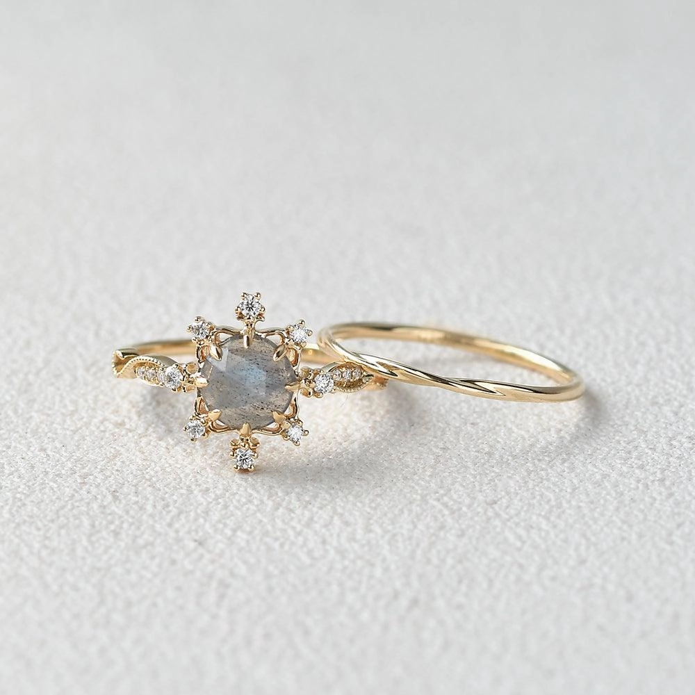 Round Cut Labradorite Vintage Inspired Ring Set 2pcs Precious Treasures