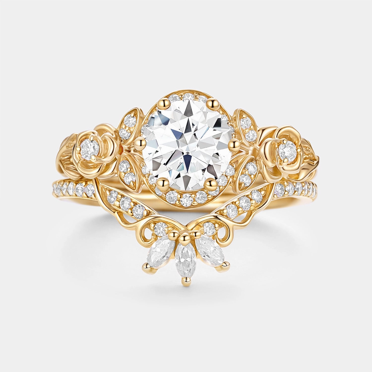 Round Cut Moissanite Flower Cluster Engagement Ring Set 2pcs Soft feature