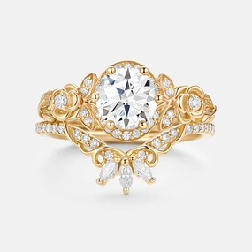 Round Cut Moissanite Flower Cluster Engagement Ring Set 2pcs Soft feature