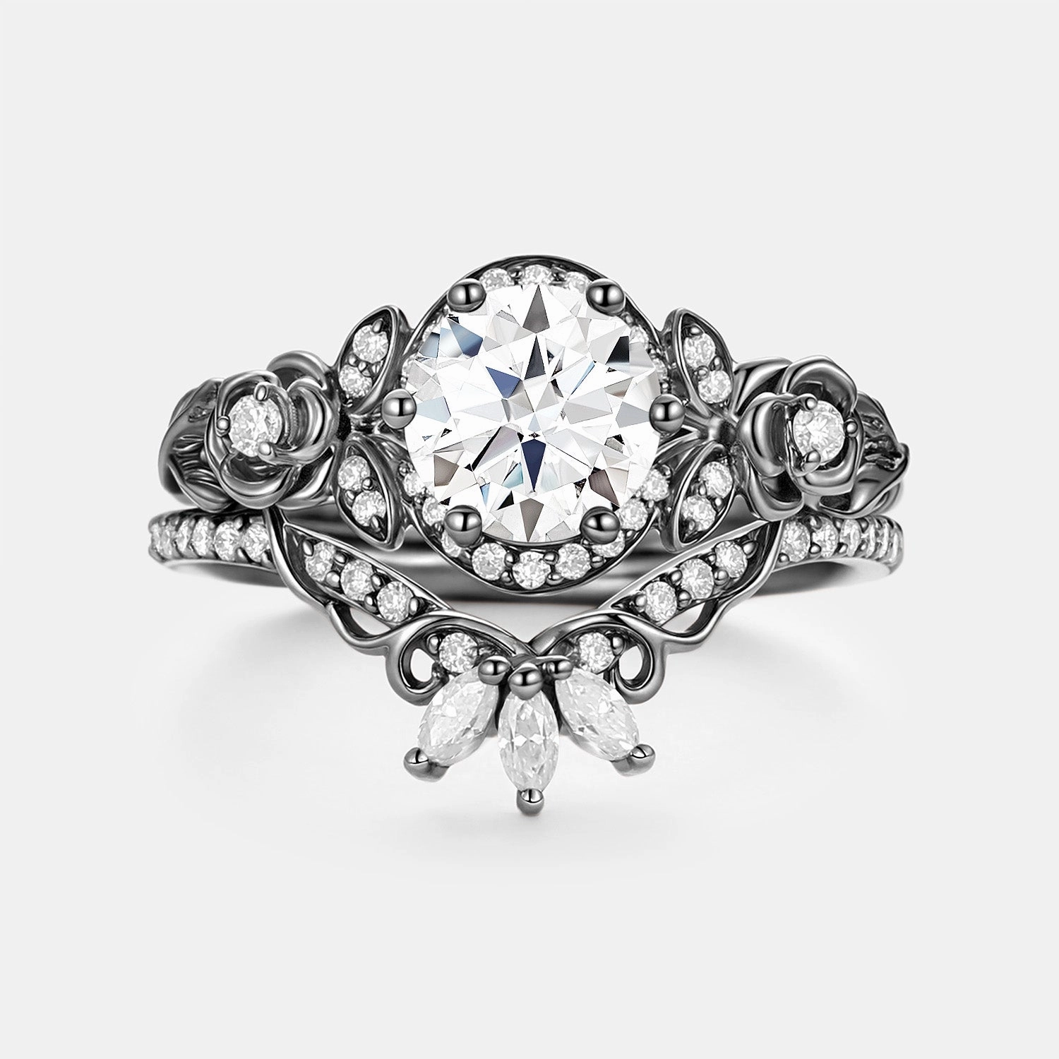 Charming Features Round Cut Moissanite Flower Cluster Engagement Ring Set 2pcs