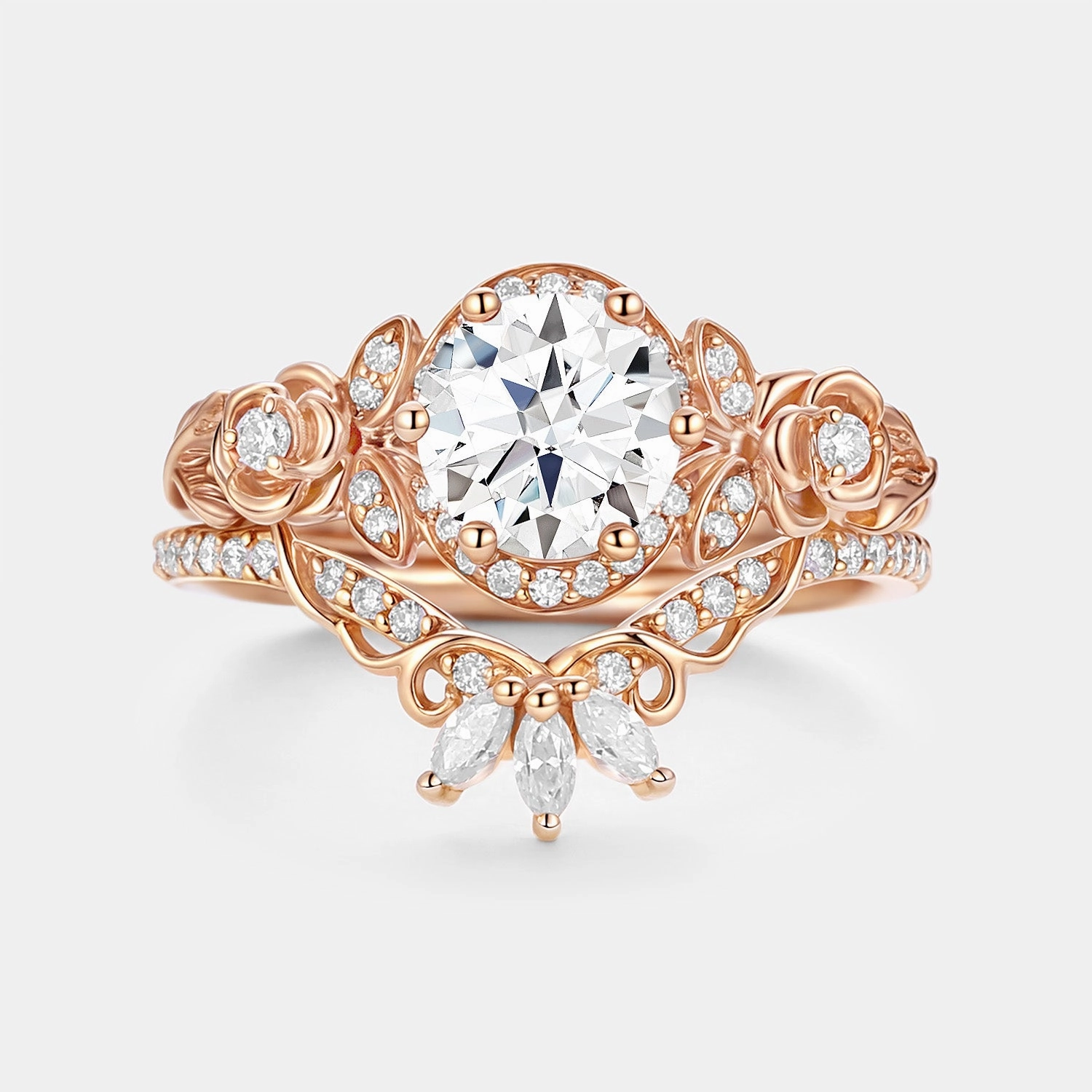 Round Cut Moissanite Flower Cluster Engagement Ring Set 2pcs Mirror Selfie Silver Edge