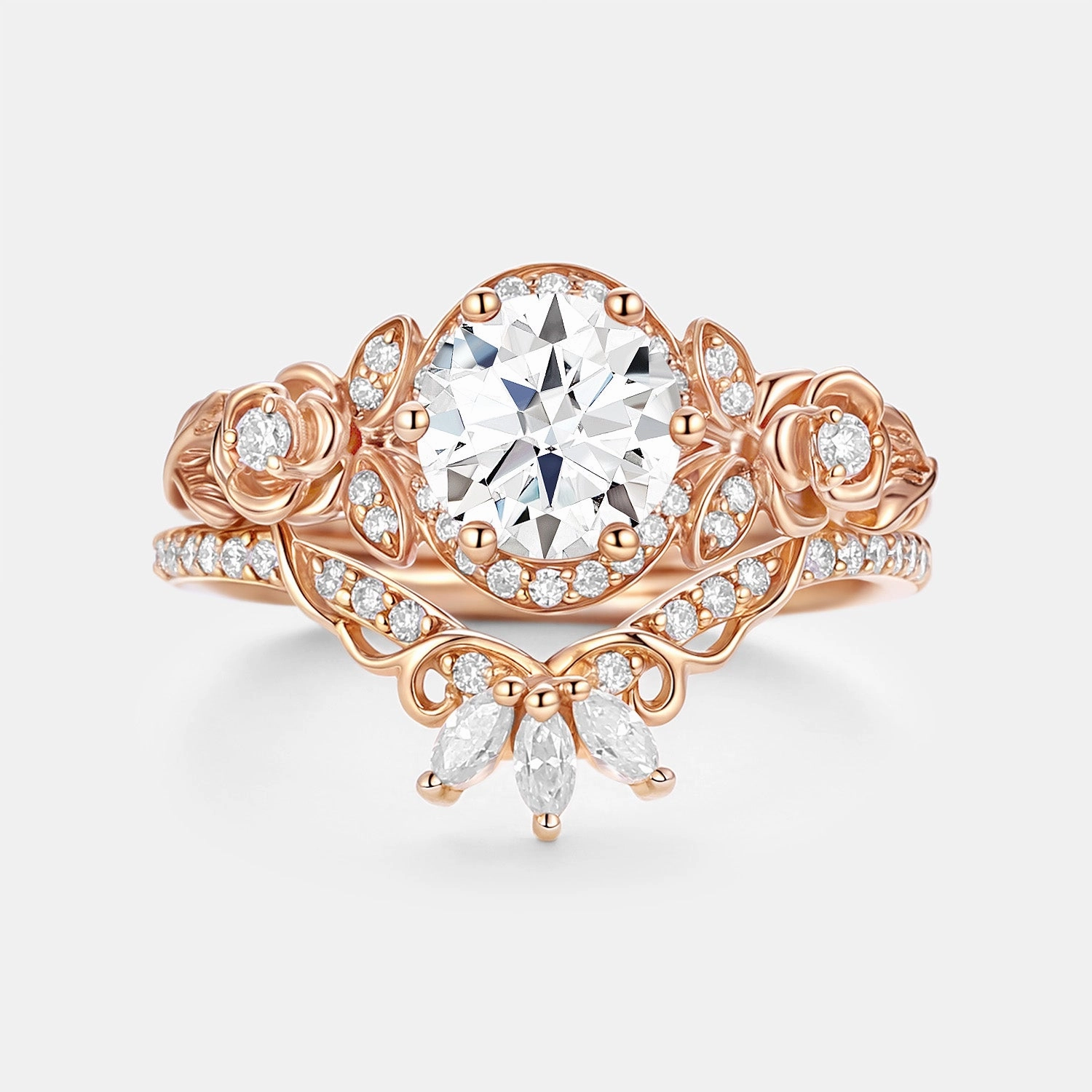 Round Cut Moissanite Flower Cluster Engagement Ring Set 2pcs Exclusive Treasures