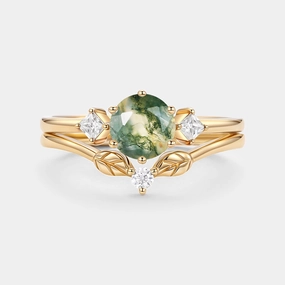 Chic Glimmer Flirty Look Round Cut Moss Agate Leafy Engagement Ring Set 2pcs - Amber