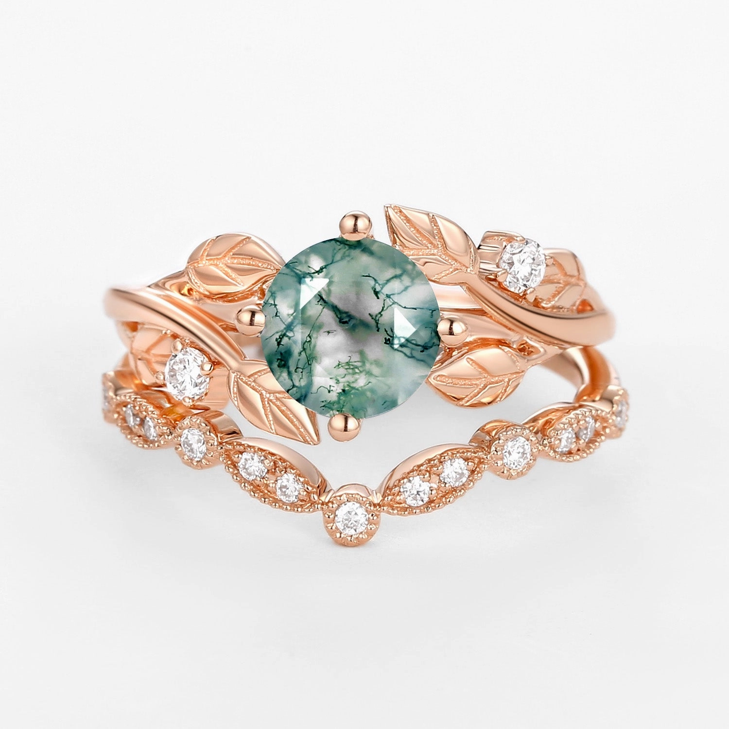 Round Cut Moss Agate Leafy Four Prongs Ring Set 2pcs Alluring Accent Modern Mood