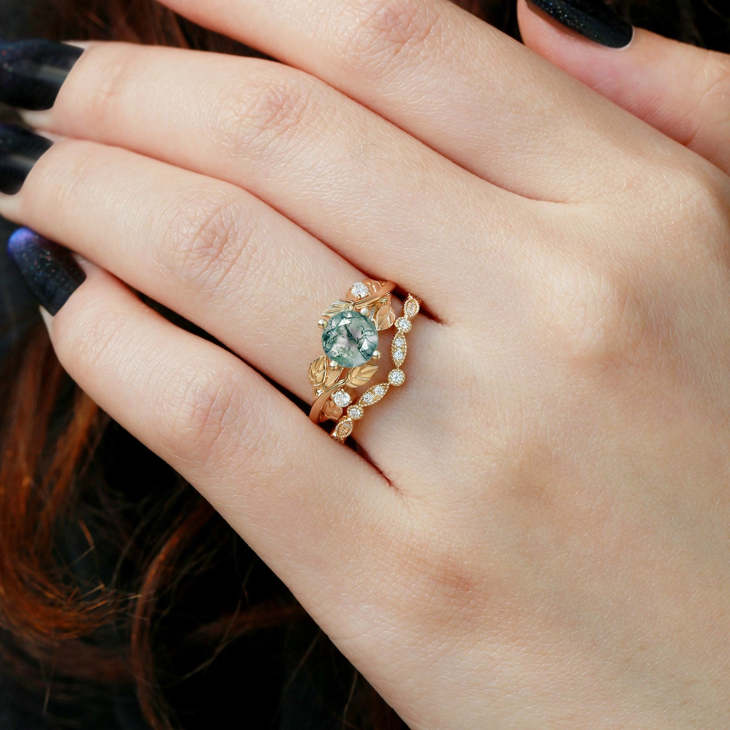 Round Cut Moss Agate Leafy Four Prongs Ring Set 2pcs Modern Duo