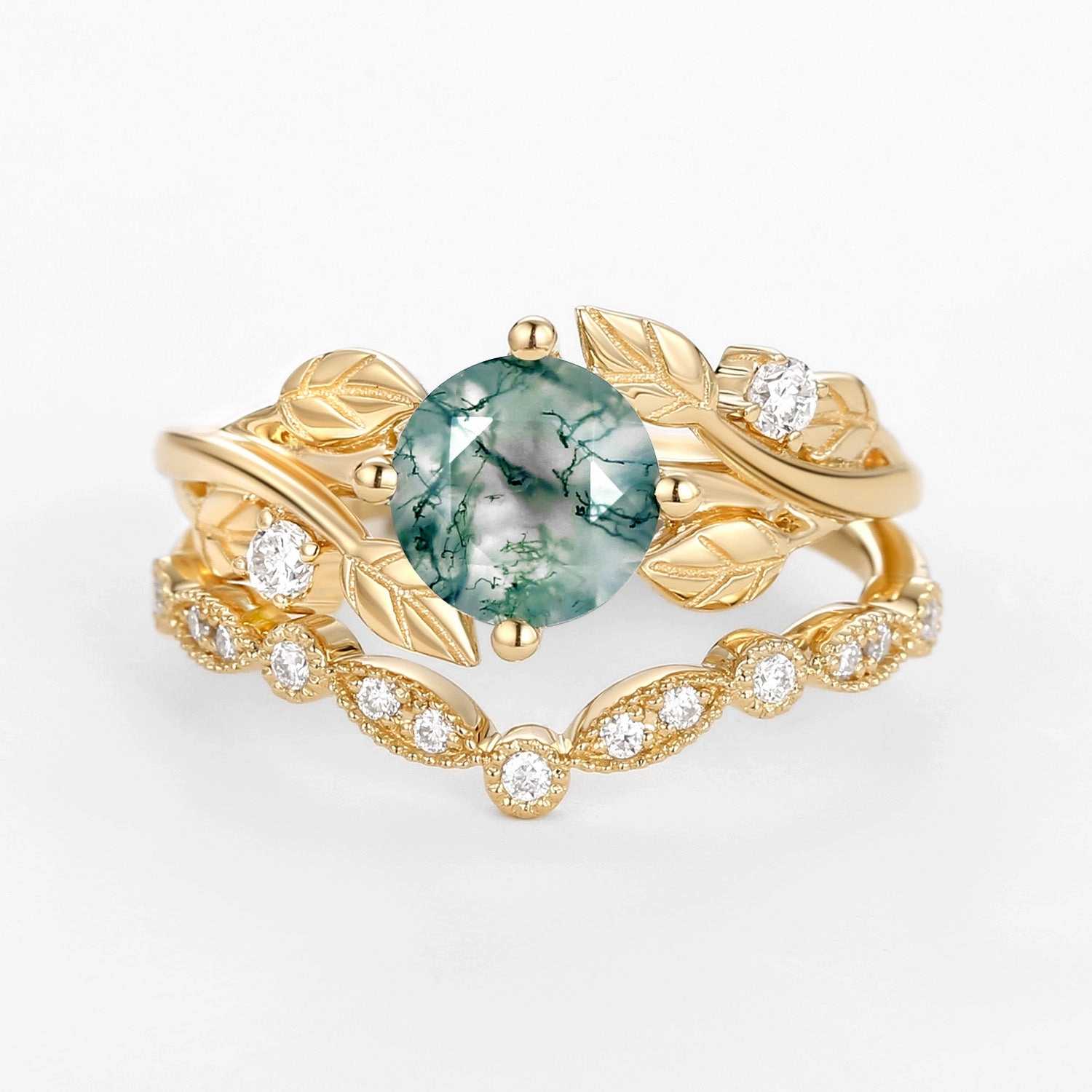 Round Cut Moss Agate Leafy Four Prongs Ring Set 2pcs Fresh Sparkle Exclusive Gifts
