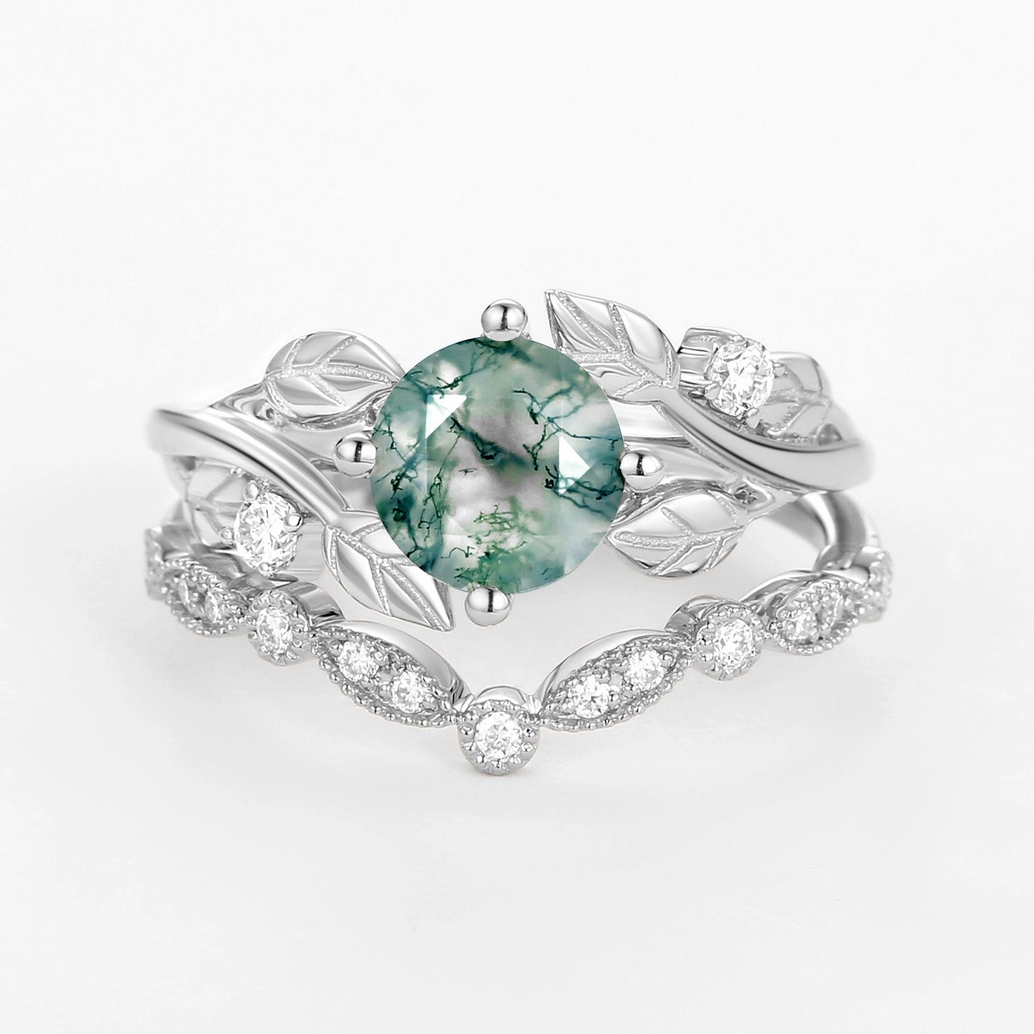 Refined Look Round Cut Moss Agate Leafy Four Prongs Ring Set 2pcs