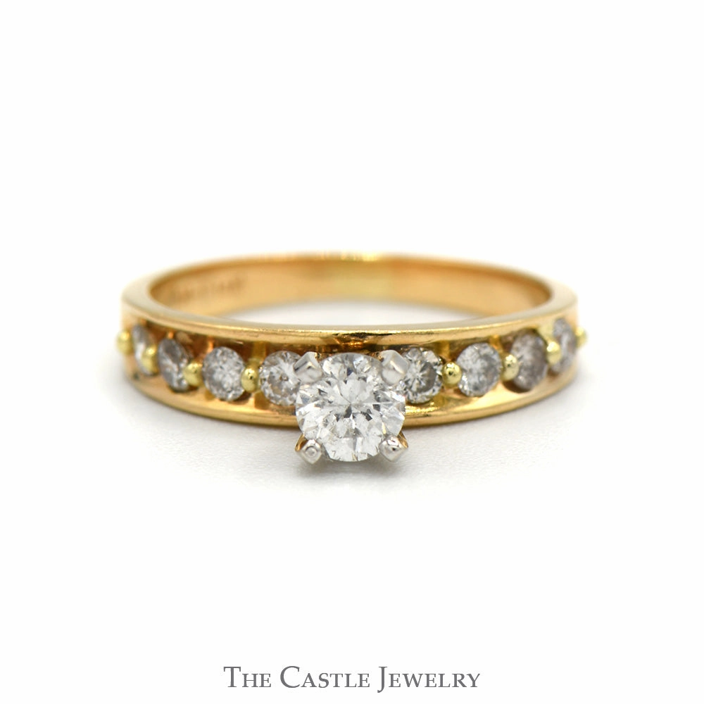 Round Diamond Engagement Ring with Diamond Accented Sides in 14k Yellow Gold Timeless Work Traditional Symbol