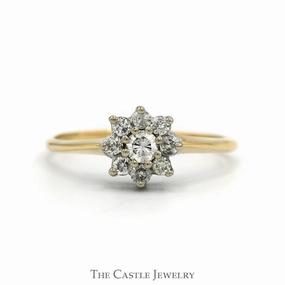 Stylish Item Round Diamond Flower Cluster Ring in 10k Yellow Gold