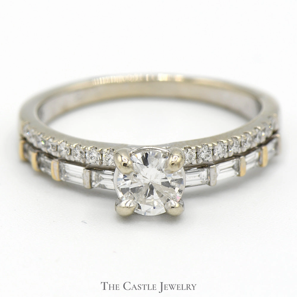 Round Diamond Solitaire Engagement Ring with Baguette and Round Diamond Accents in 14k White Gold Luxury Structure