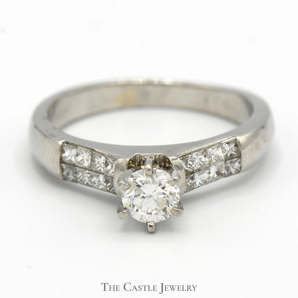 Adult Jewelry Modern Outline Round Diamond Solitaire Engagement Ring with Princess Cut Accents in Platinum