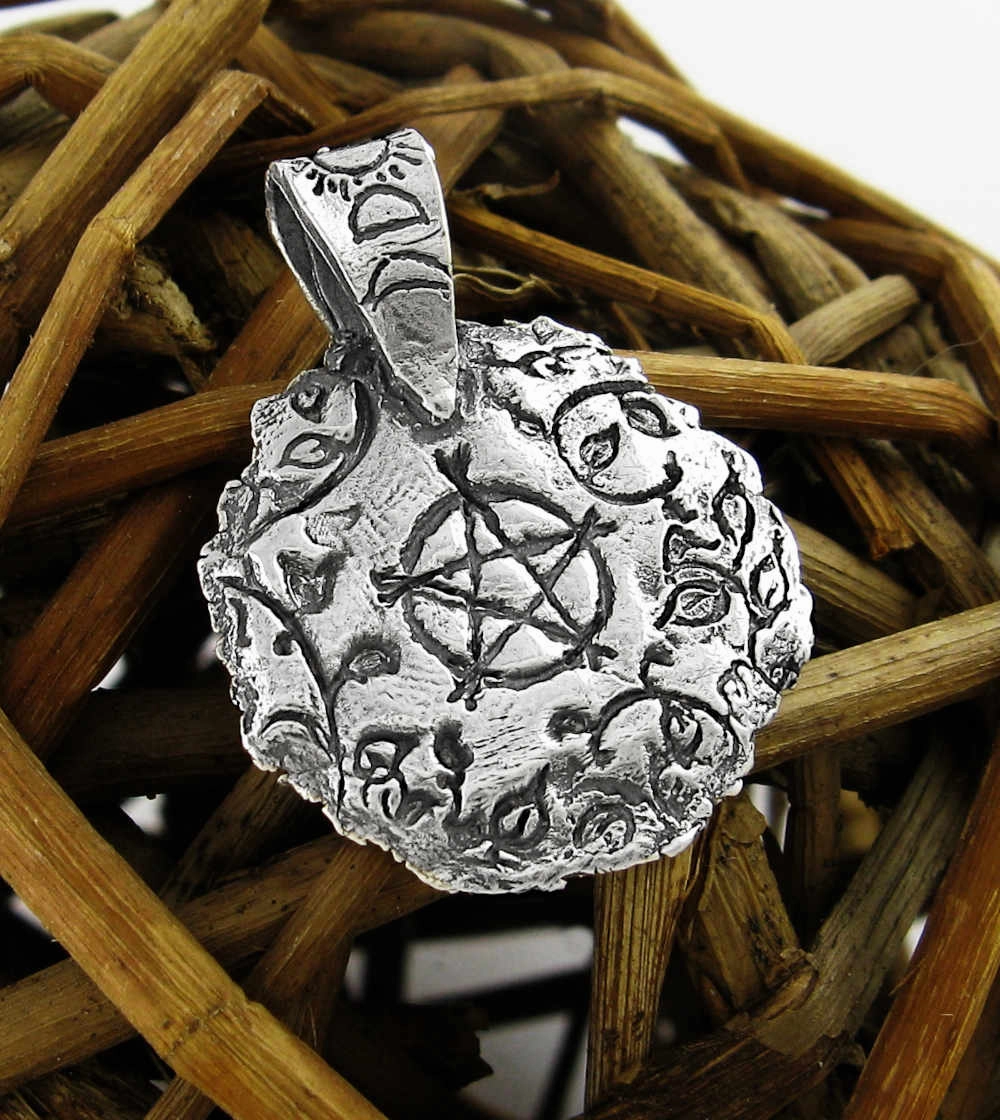 Round Pentacle Surrounded by Vines Pendant, Handmade Metal Clay Silver Contemporary Design