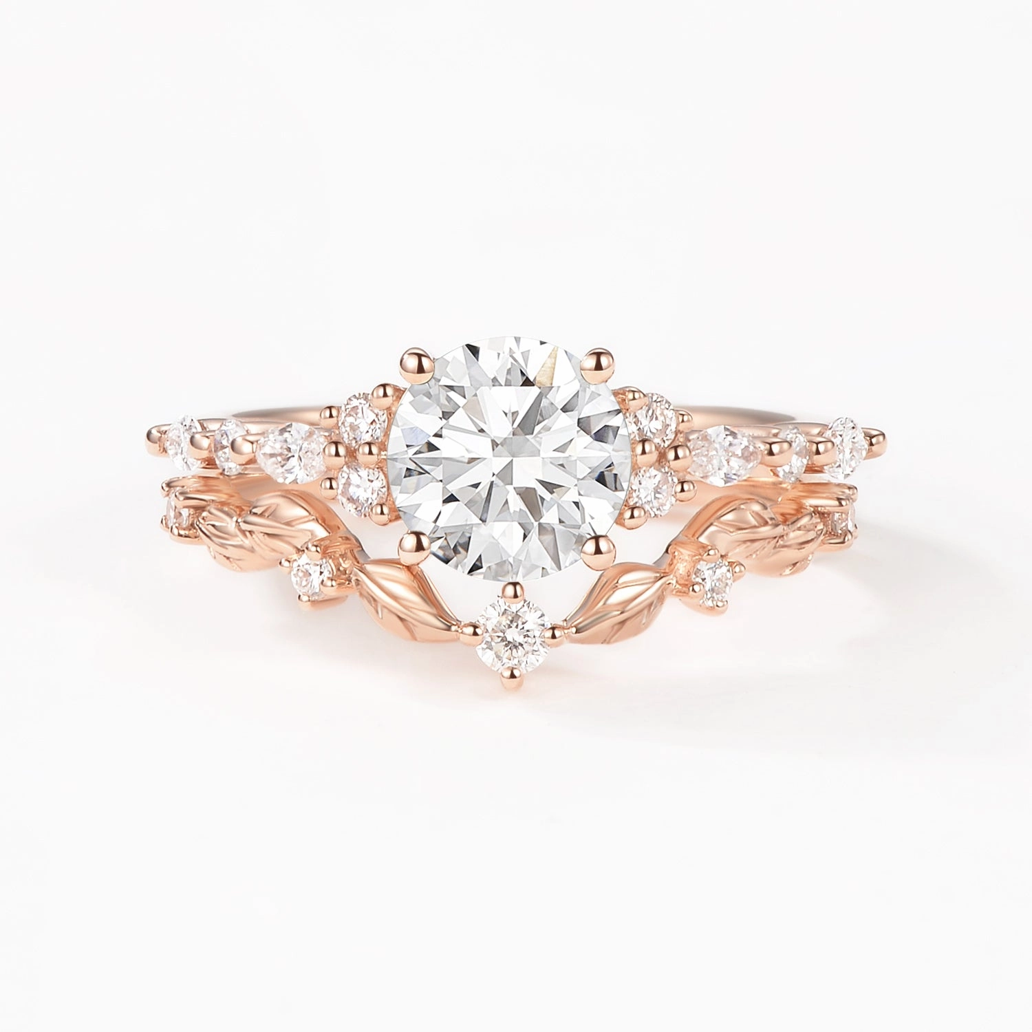 Round Shaped Lab Grown Diamond Leafy Ring Set 2pcs - Bryony Charming Craft Stylish Moment