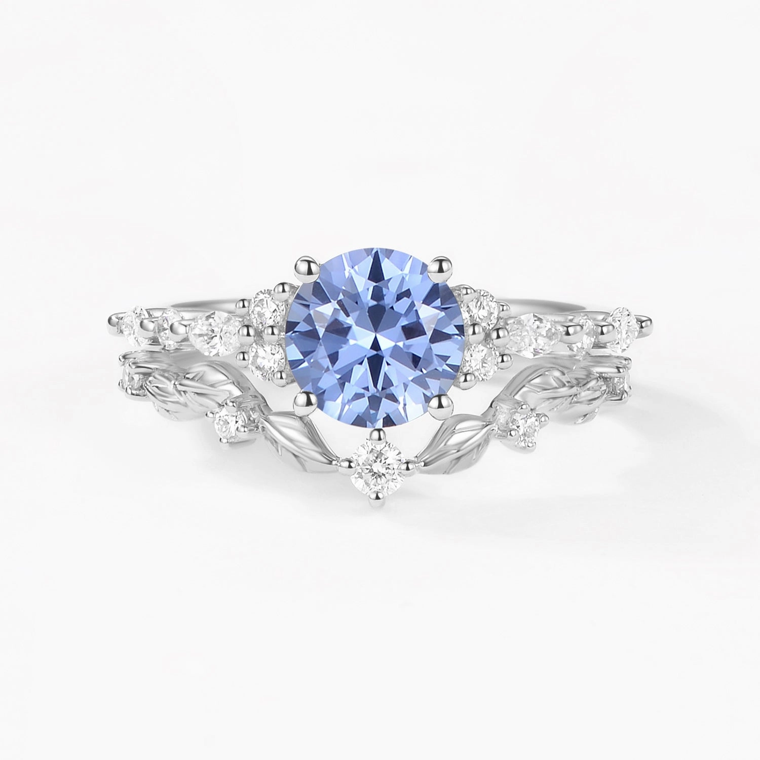 Round Shaped Leafy Cornflower Blue Lab Sapphire Engagement Ring Sets - Sarah Lifestyle Fit Dazzling Piece